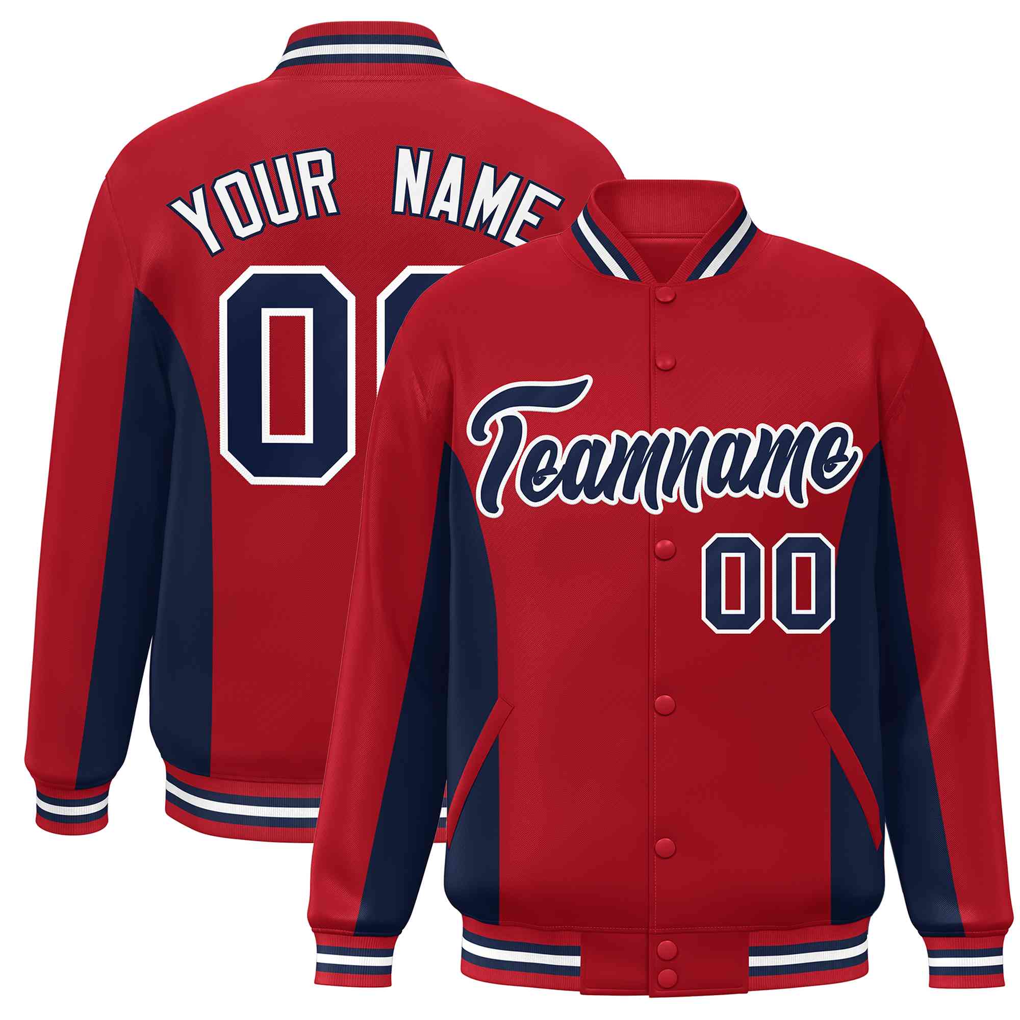 Custom Red Navy Varsity Full-Snap Color Block Letterman Baseball Jacket