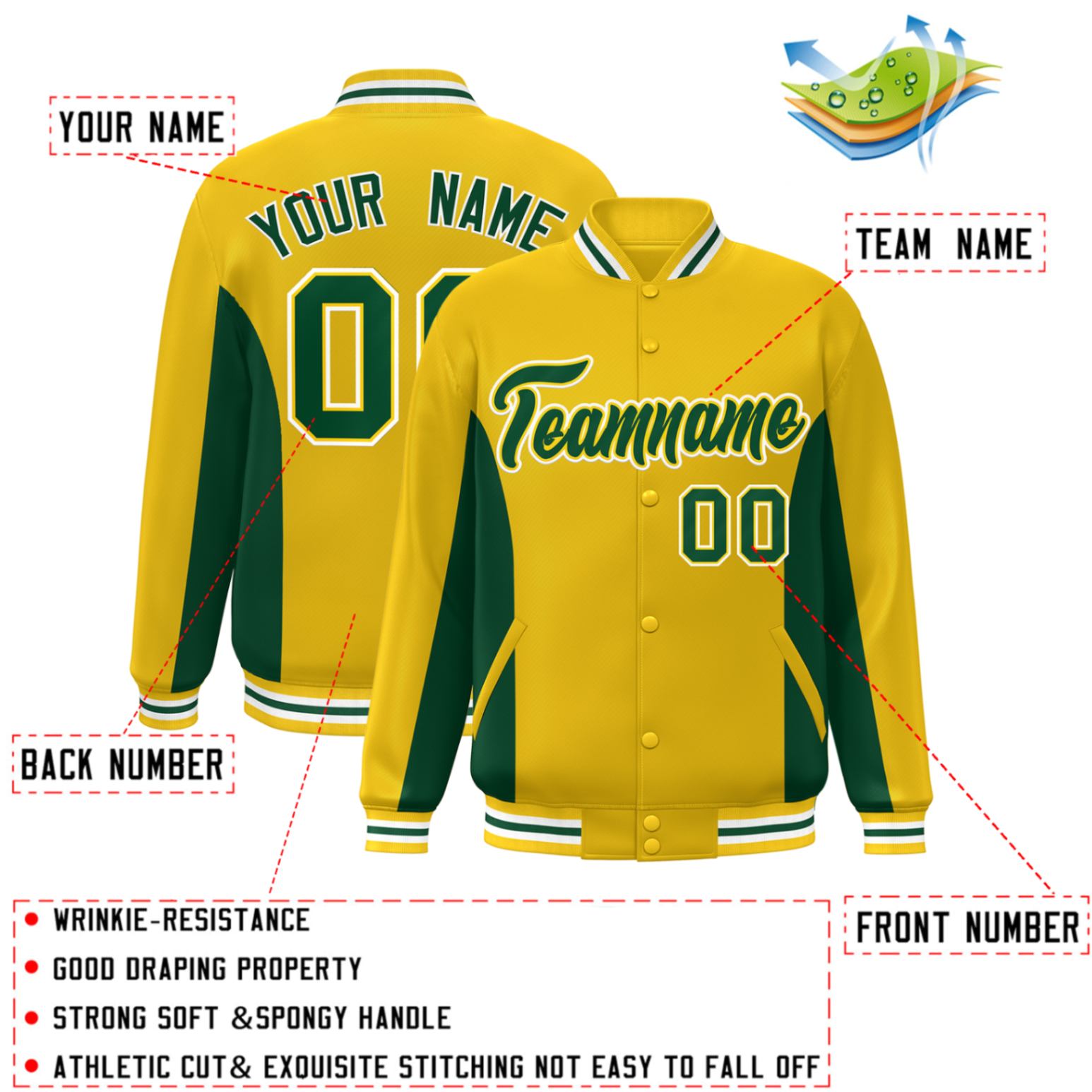 Custom Gold Green Varsity Full-Snap Color Block Letterman Baseball Jacket