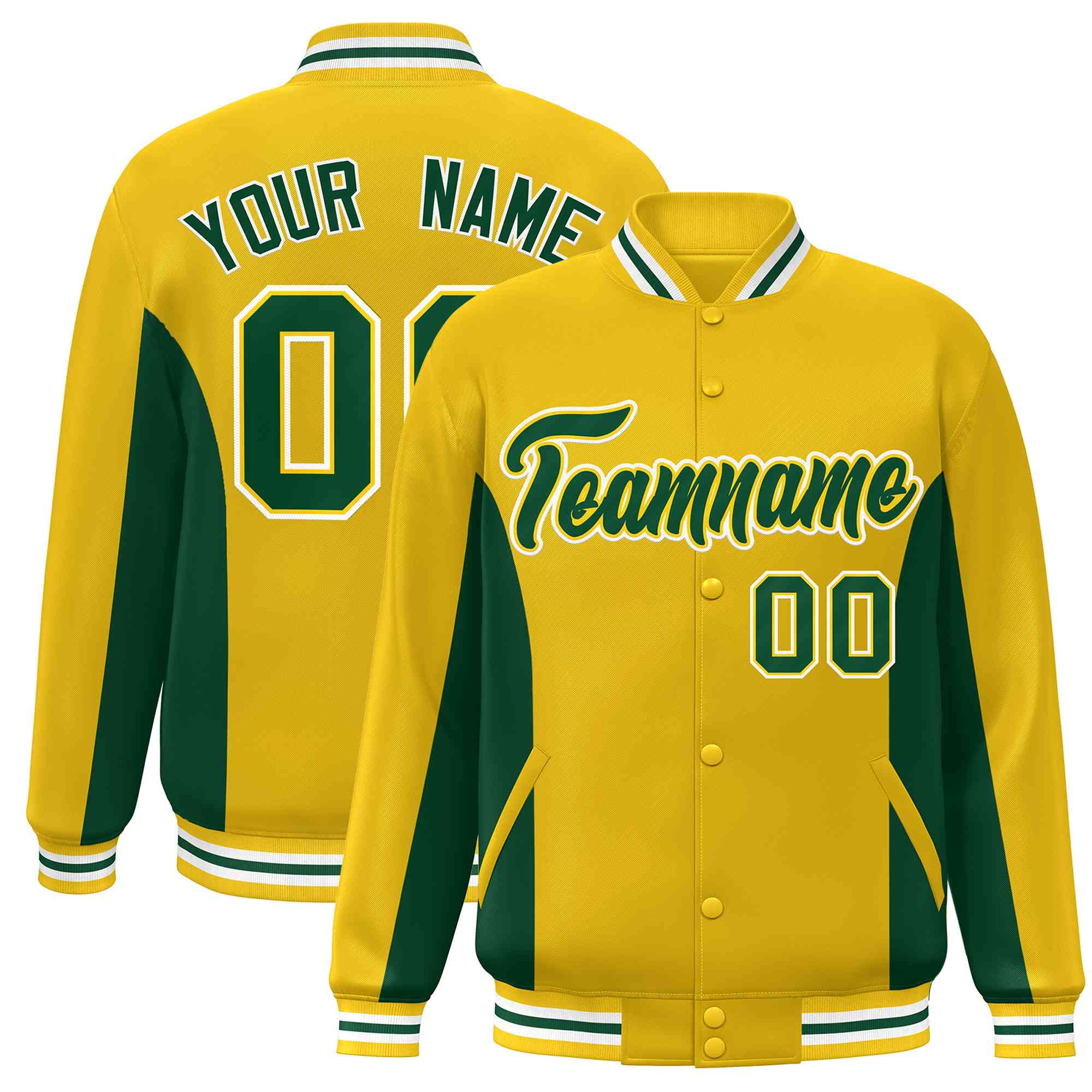 Custom Gold Green Varsity Full-Snap Color Block Letterman Baseball Jacket