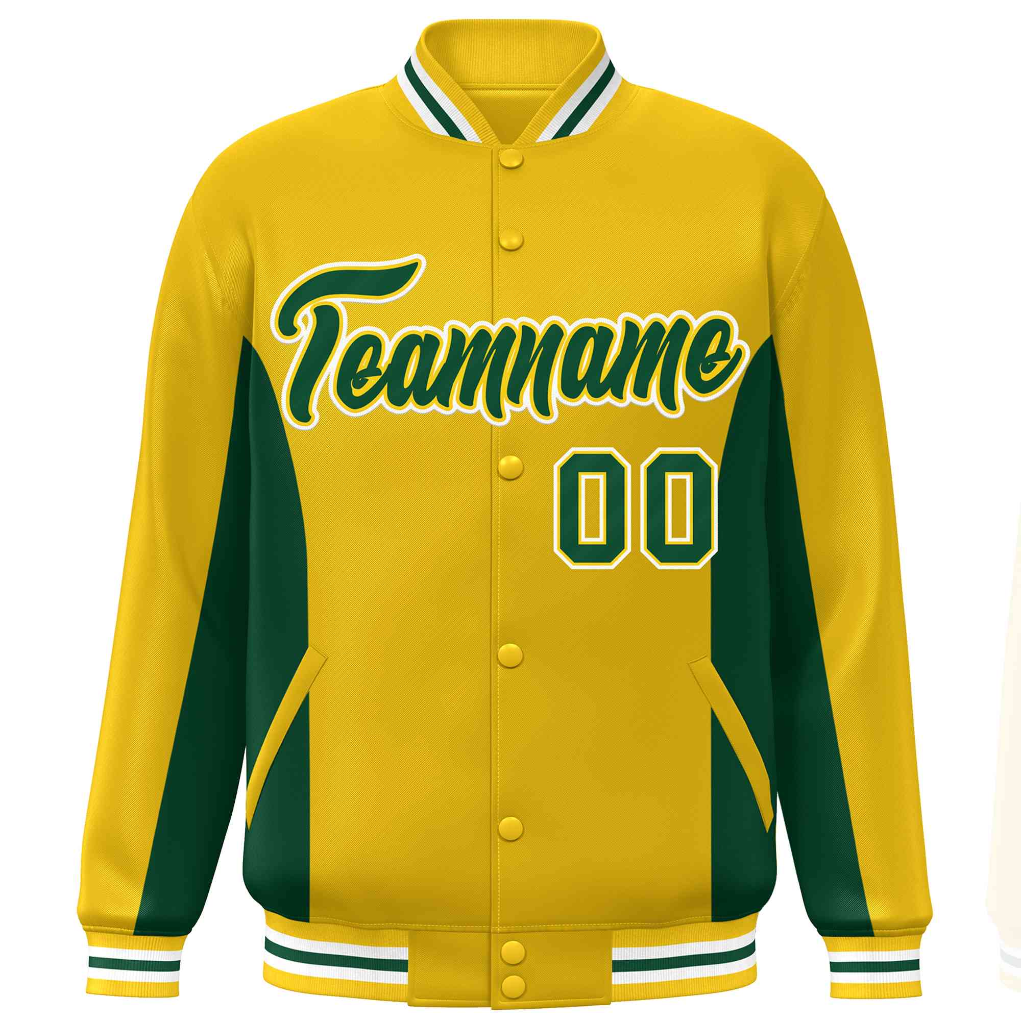 Custom Gold Green Varsity Full-Snap Color Block Letterman Baseball Jacket