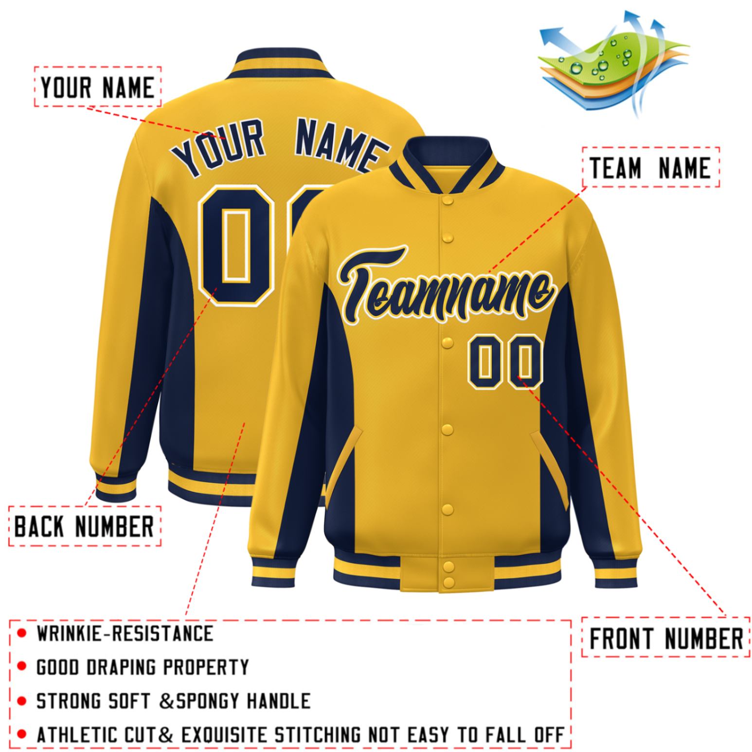 Custom Gold Navy Varsity Full-Snap Color Block Letterman Baseball Jacket