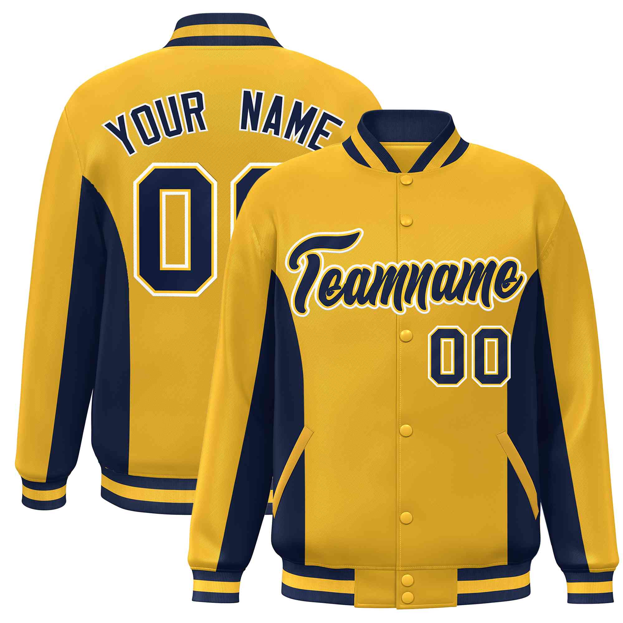 Custom Gold Navy Varsity Full-Snap Color Block Letterman Baseball Jacket