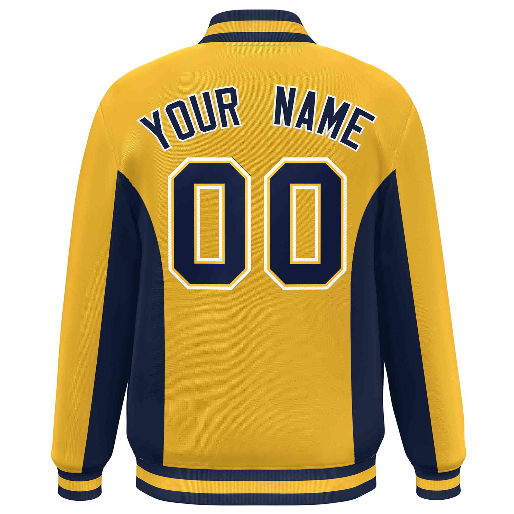 Custom Gold Navy Varsity Full-Snap Color Block Letterman Baseball Jacket