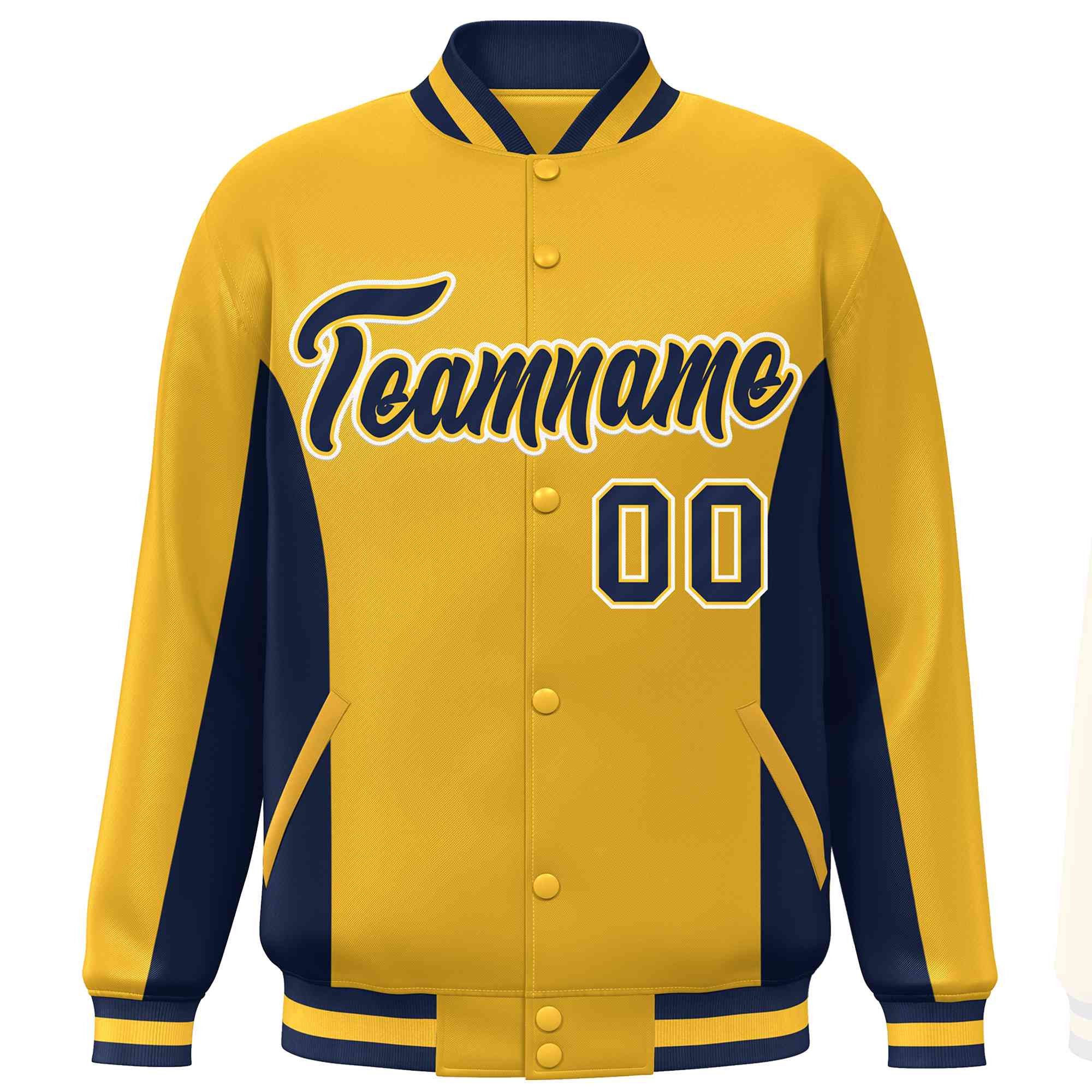 Custom Gold Navy Varsity Full-Snap Color Block Letterman Baseball Jacket