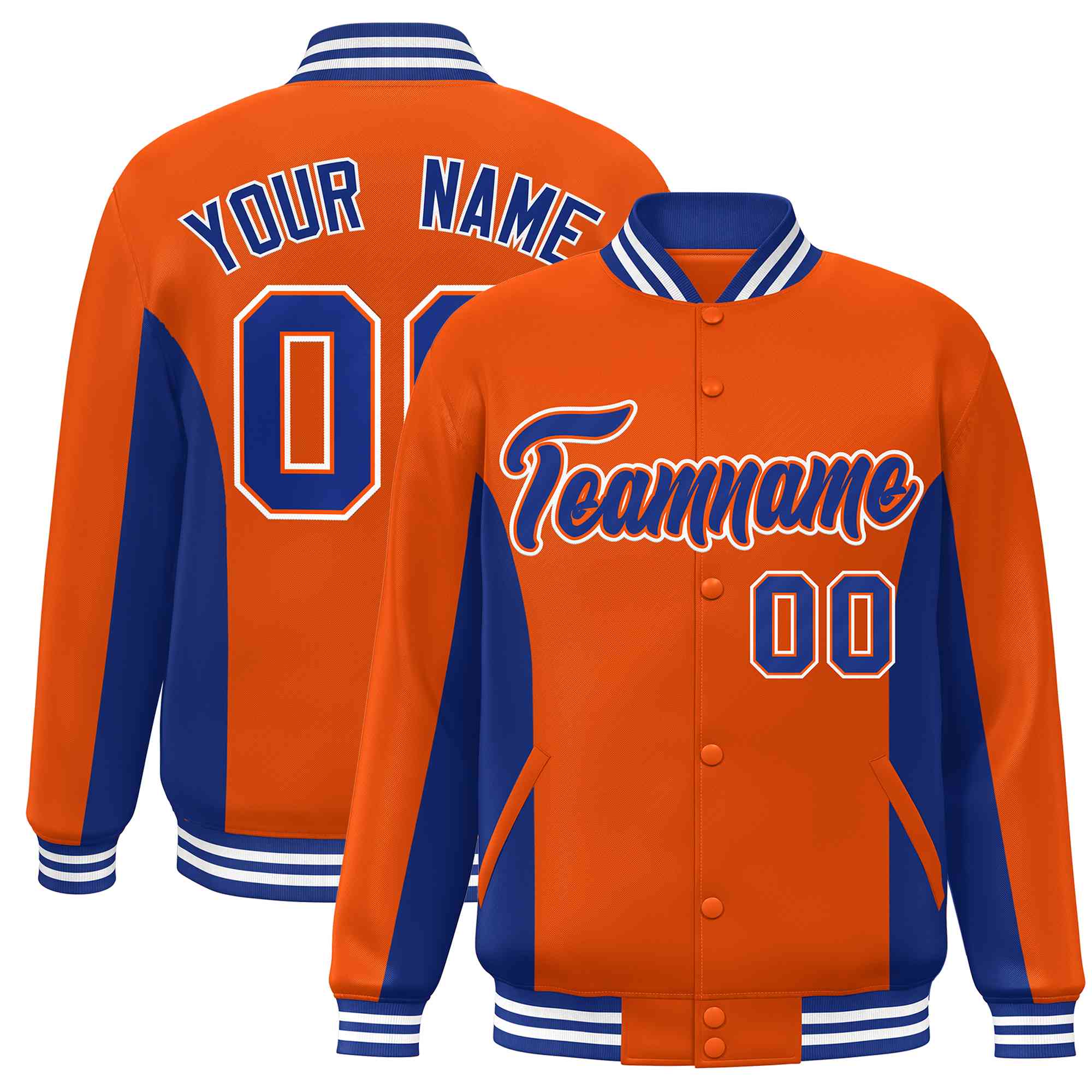 Custom Orange Royal Varsity Full-Snap Color Block Letterman Baseball Jacket