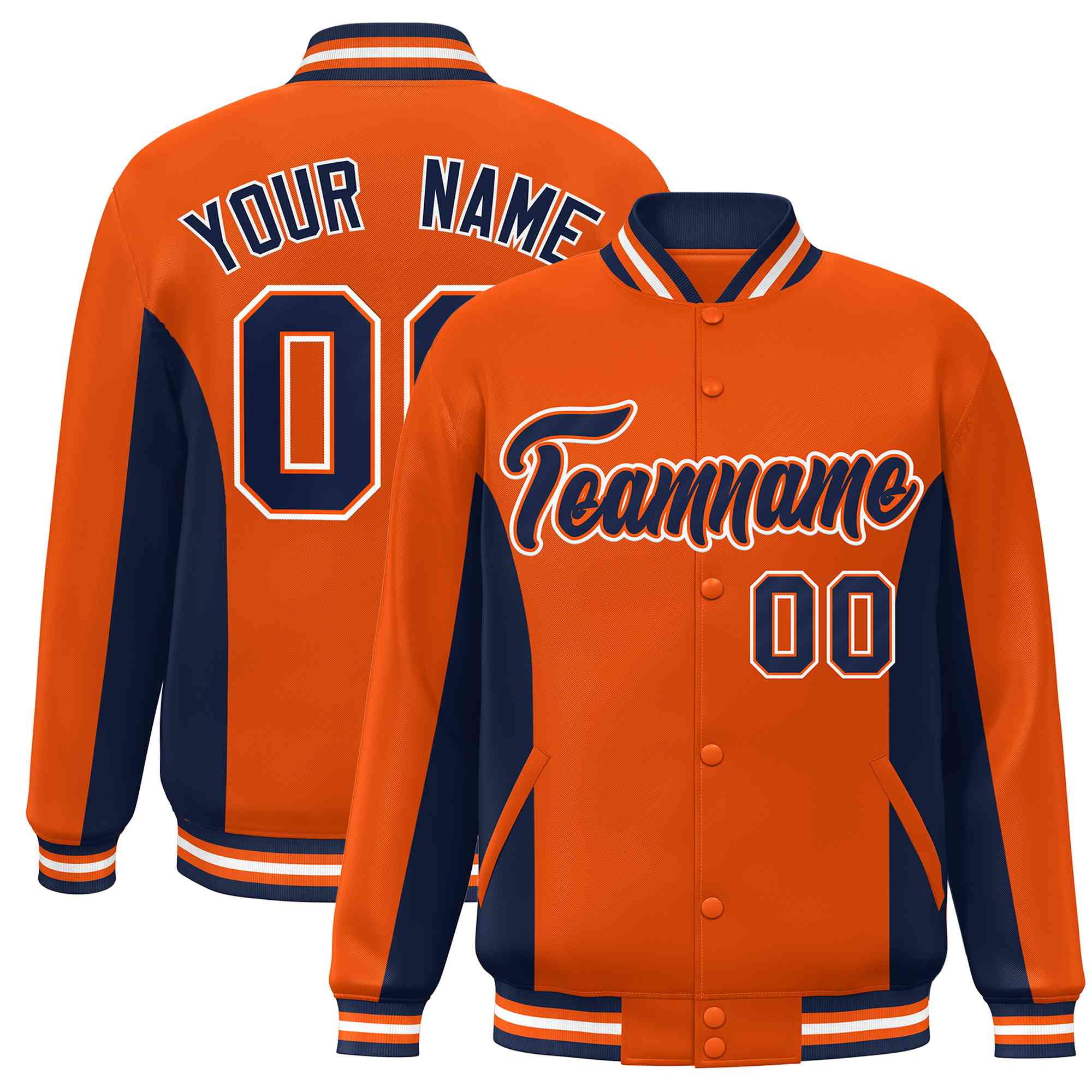 Custom Orange Navy Varsity Full-Snap Color Block Letterman Baseball Jacket