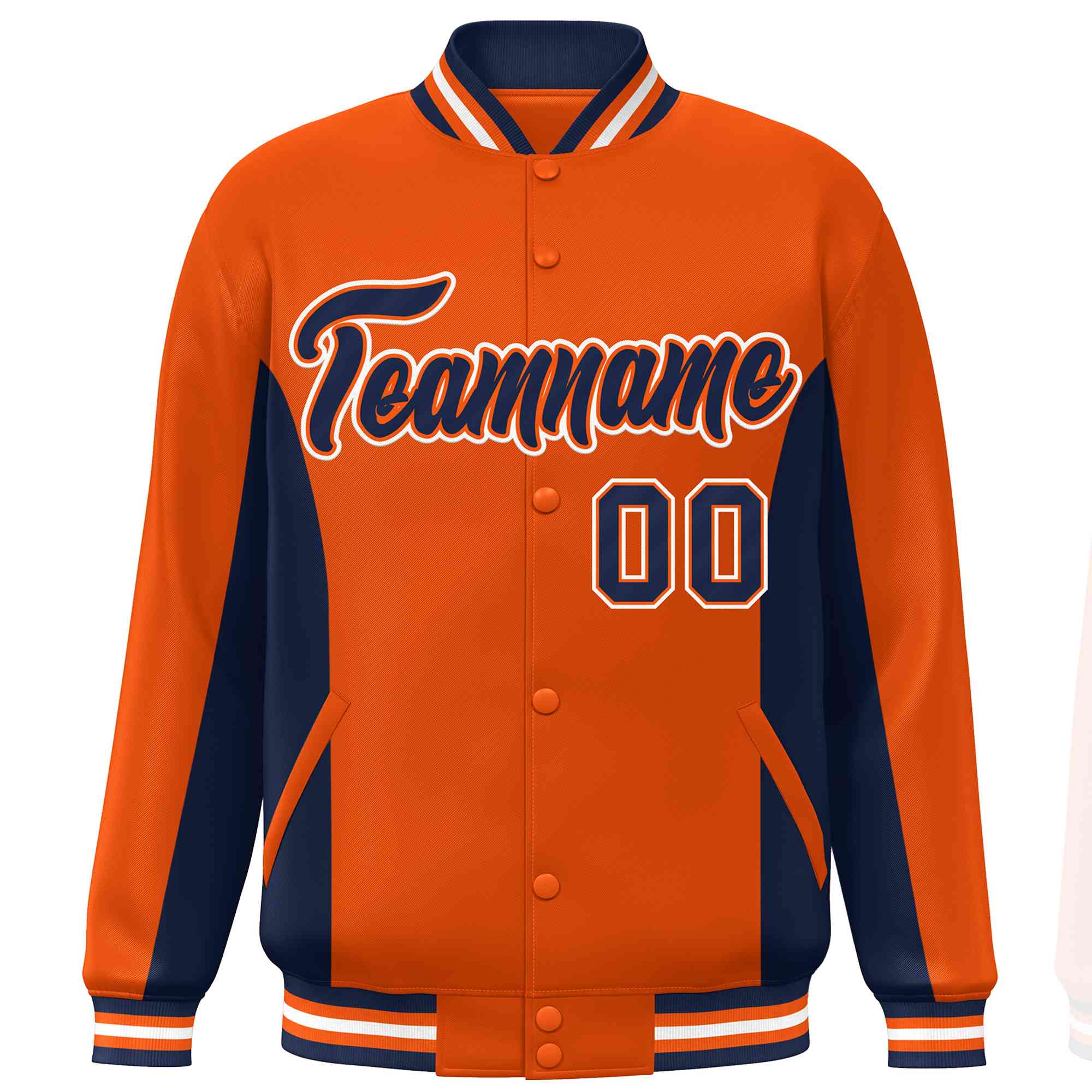 Custom Orange Navy Varsity Full-Snap Color Block Letterman Baseball Jacket