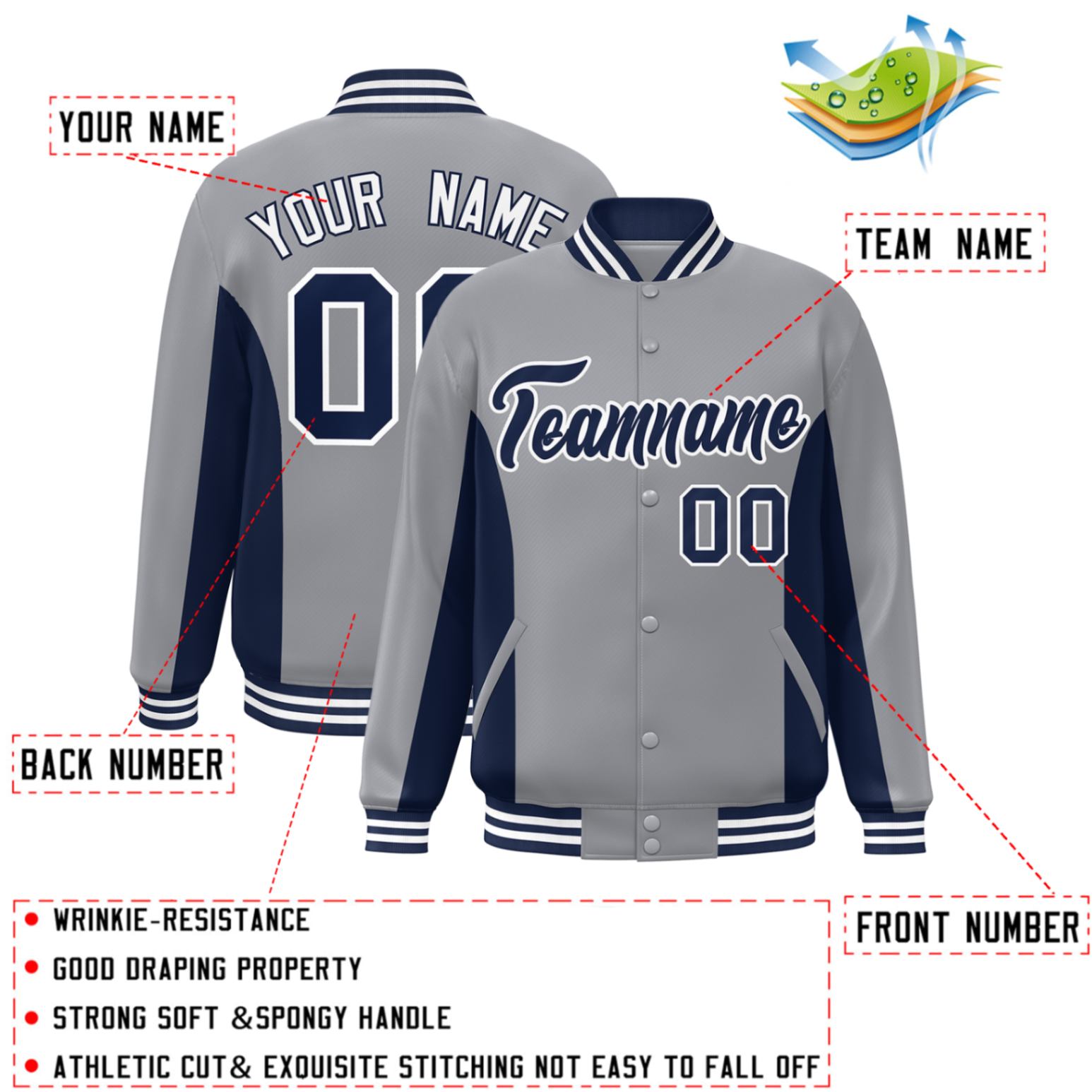 Custom Gray Navy Varsity Full-Snap Color Block Letterman Baseball Jacket