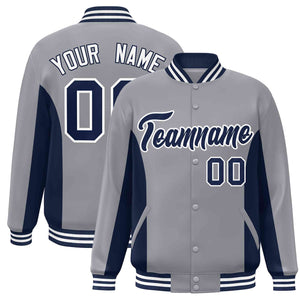 Custom Gray Navy Varsity Full-Snap Color Block Letterman Baseball Jacket