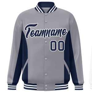 Custom Gray Navy Varsity Full-Snap Color Block Letterman Baseball Jacket