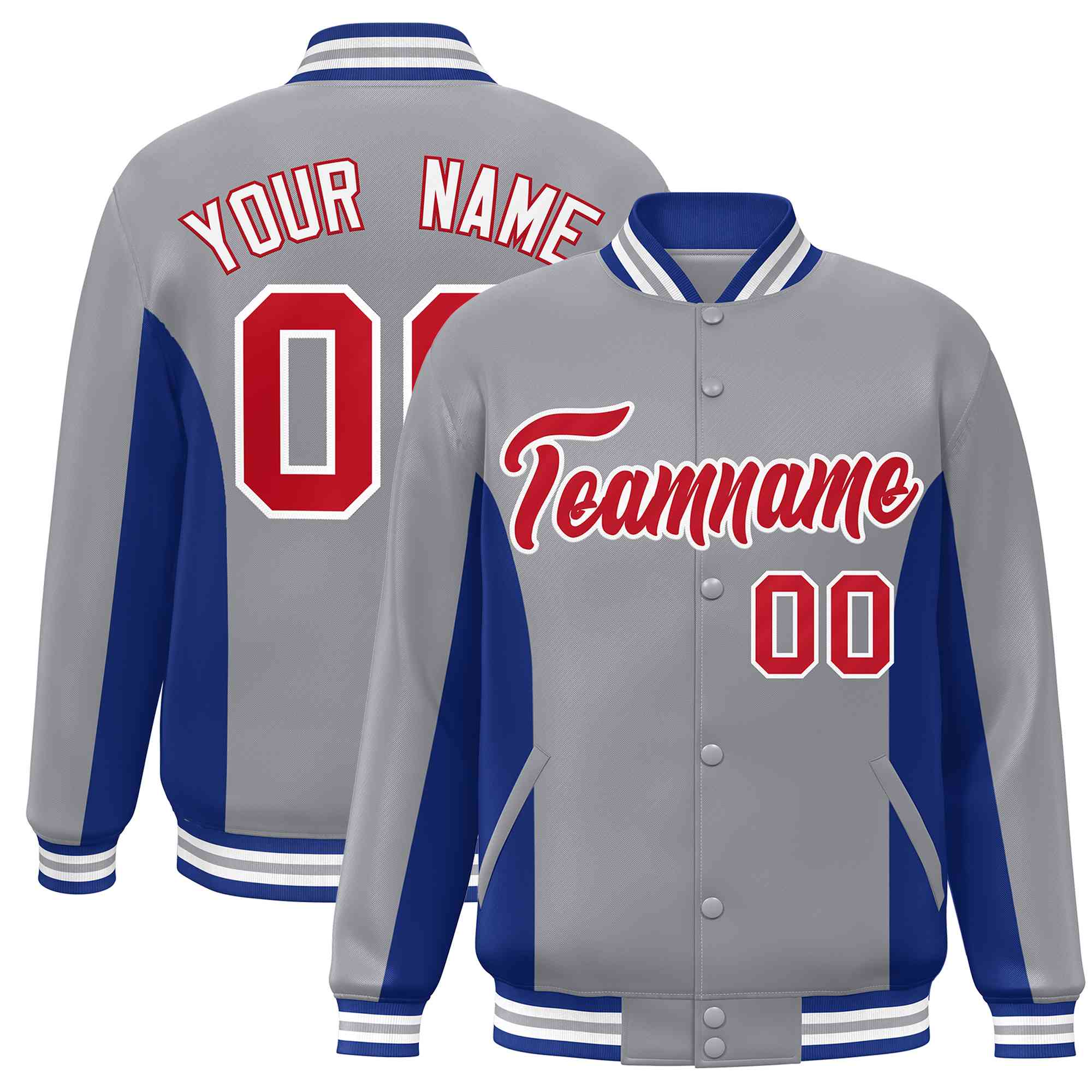 Custom Gray Royal-Red Varsity Full-Snap Color Block Letterman Baseball Jacket