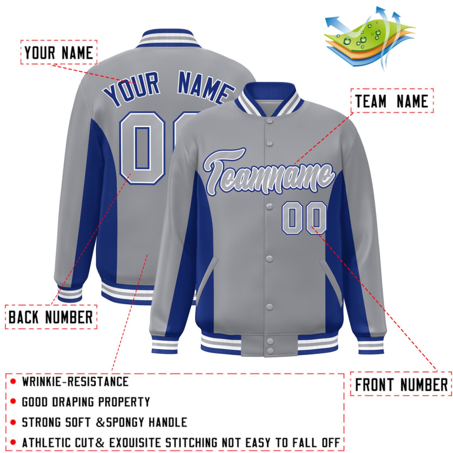 Custom Gray Royal Varsity Full-Snap Color Block Letterman Baseball Jacket