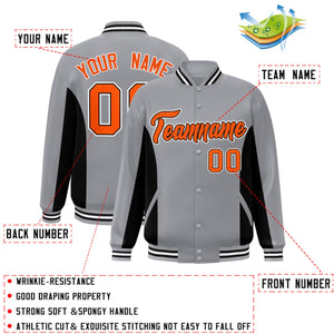 Custom Gray Black-Orange Varsity Full-Snap Color Block Letterman Baseball Jacket