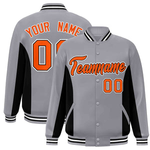 Custom Gray Black-Orange Varsity Full-Snap Color Block Letterman Baseball Jacket