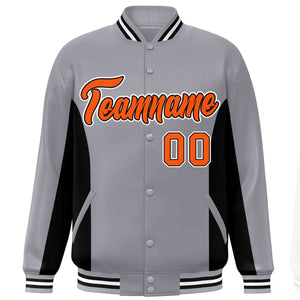 Custom Gray Black-Orange Varsity Full-Snap Color Block Letterman Baseball Jacket