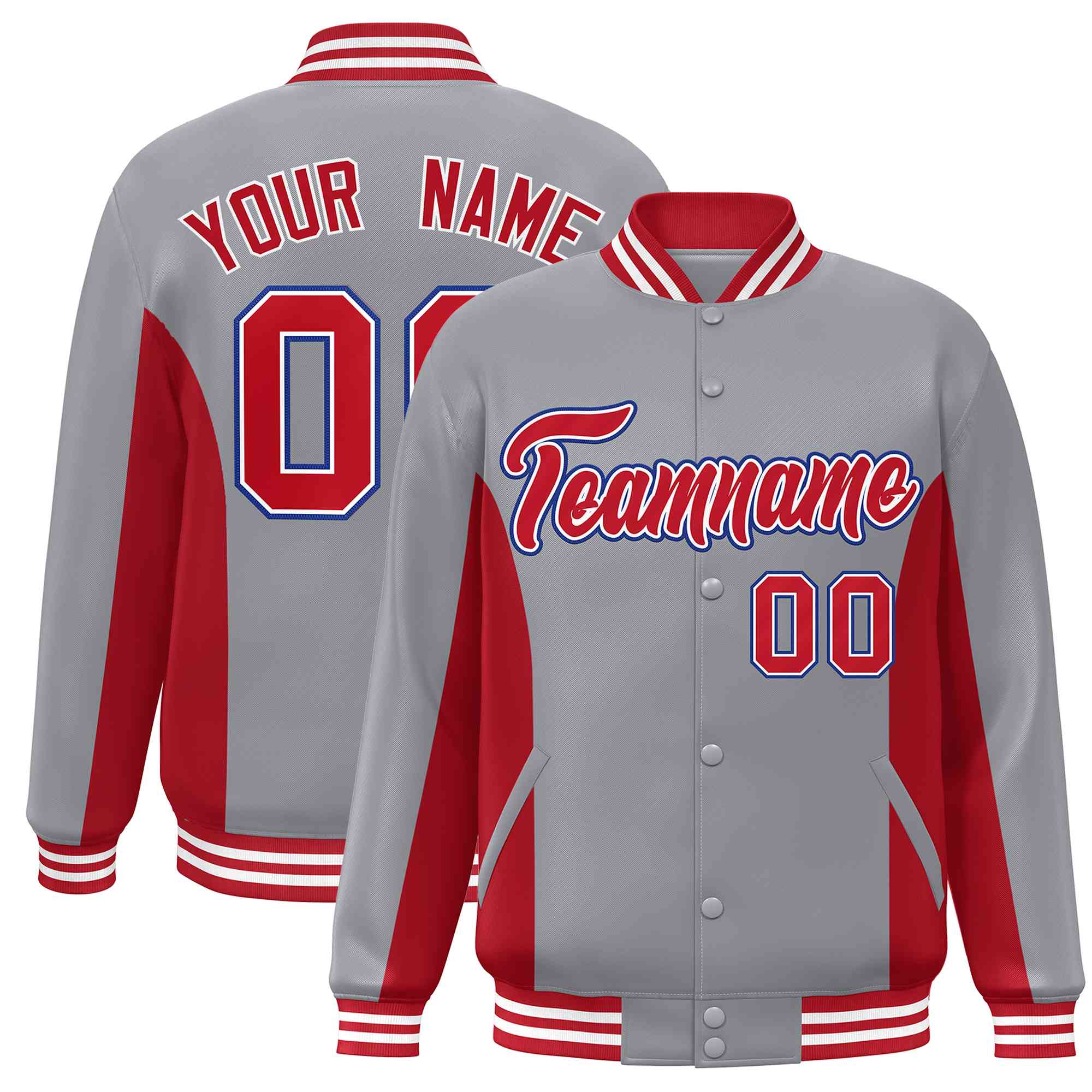 Custom Gray Red Varsity Full-Snap Color Block Letterman Baseball Jacket