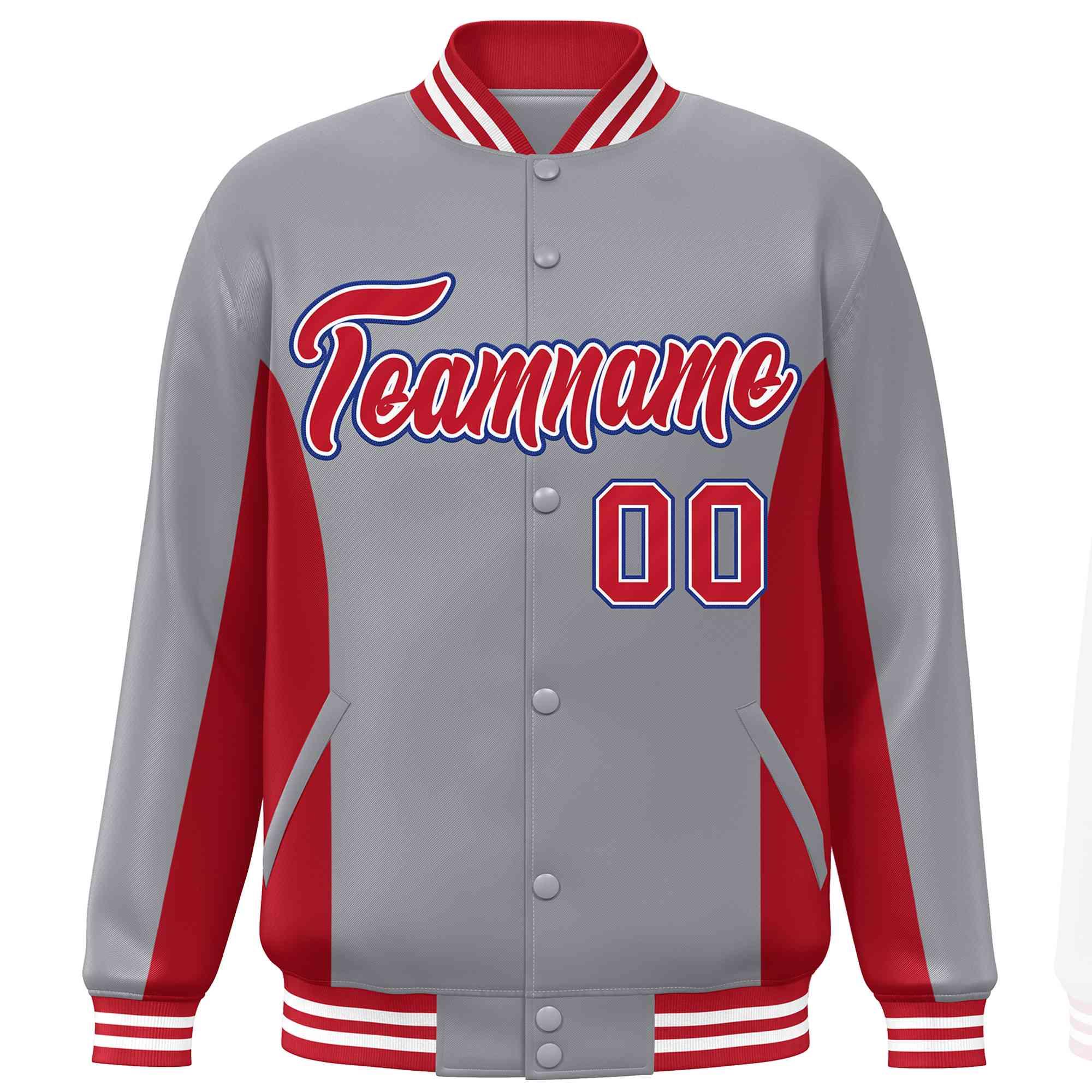 Custom Gray Red Varsity Full-Snap Color Block Letterman Baseball Jacket