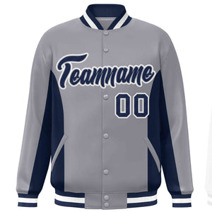 Custom Gray Navy Varsity Full-Snap Color Block Letterman Baseball Jacket