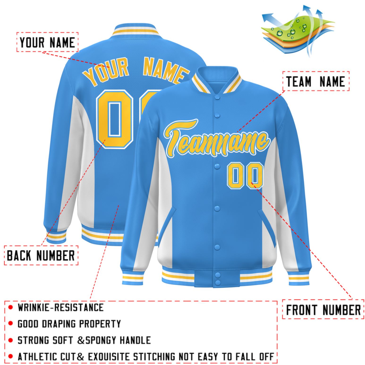 Custom Powder Blue White-Gold Varsity Full-Snap Color Block Letterman Baseball Jacket