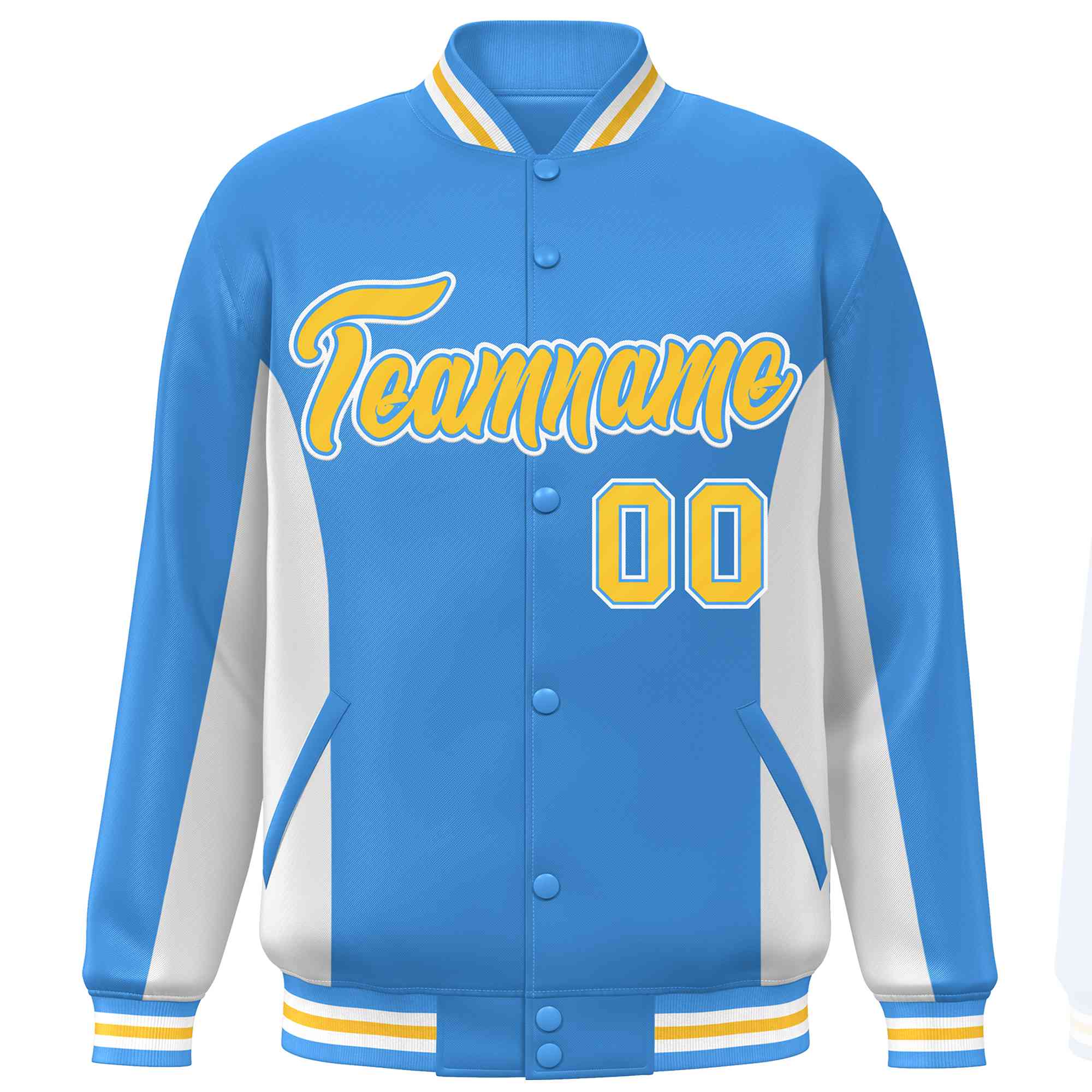 Custom Powder Blue White-Gold Varsity Full-Snap Color Block Letterman Baseball Jacket