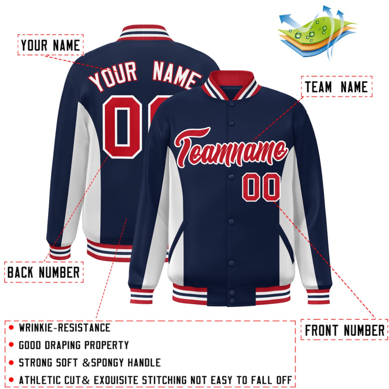 Custom Navy White-Red Varsity Full-Snap Color Block Letterman Baseball Jacket