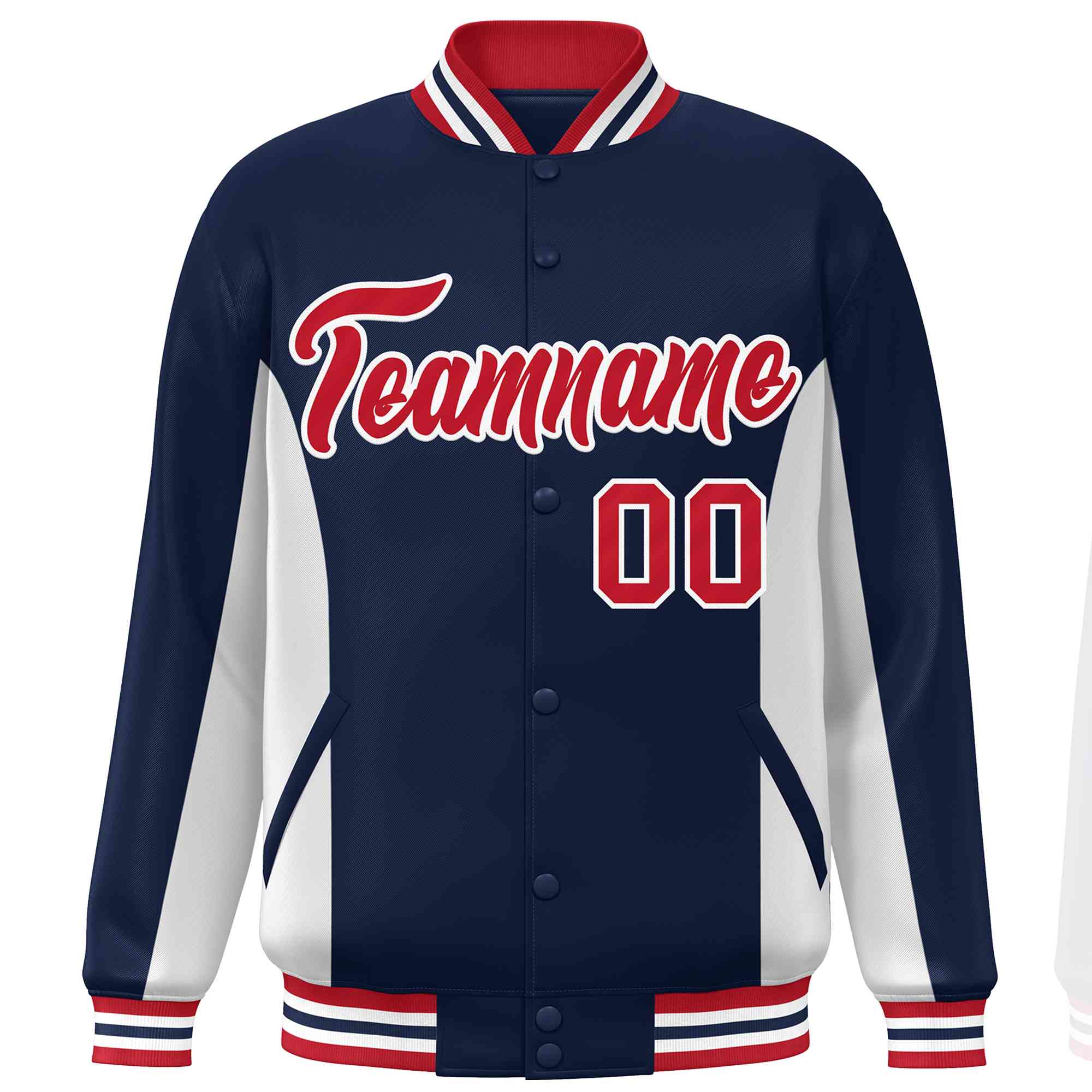 Custom Navy White-Red Varsity Full-Snap Color Block Letterman Baseball Jacket