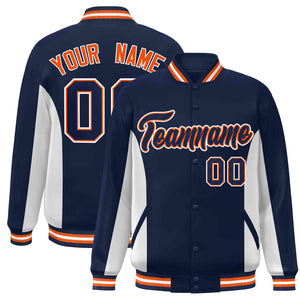 Custom Navy White Varsity Full-Snap Color Block Letterman Baseball Jacket