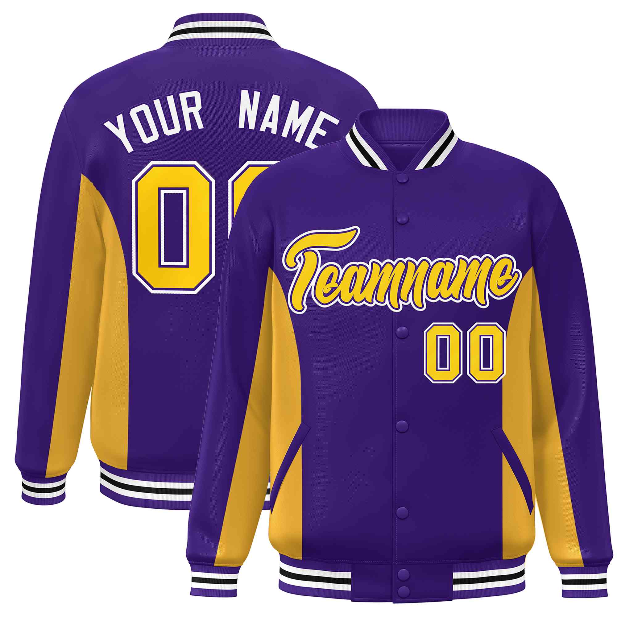 Custom Purple Gold Varsity Full-Snap Color Block Letterman Baseball Jacket