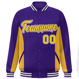 Custom Purple Gold Varsity Full-Snap Color Block Letterman Baseball Jacket