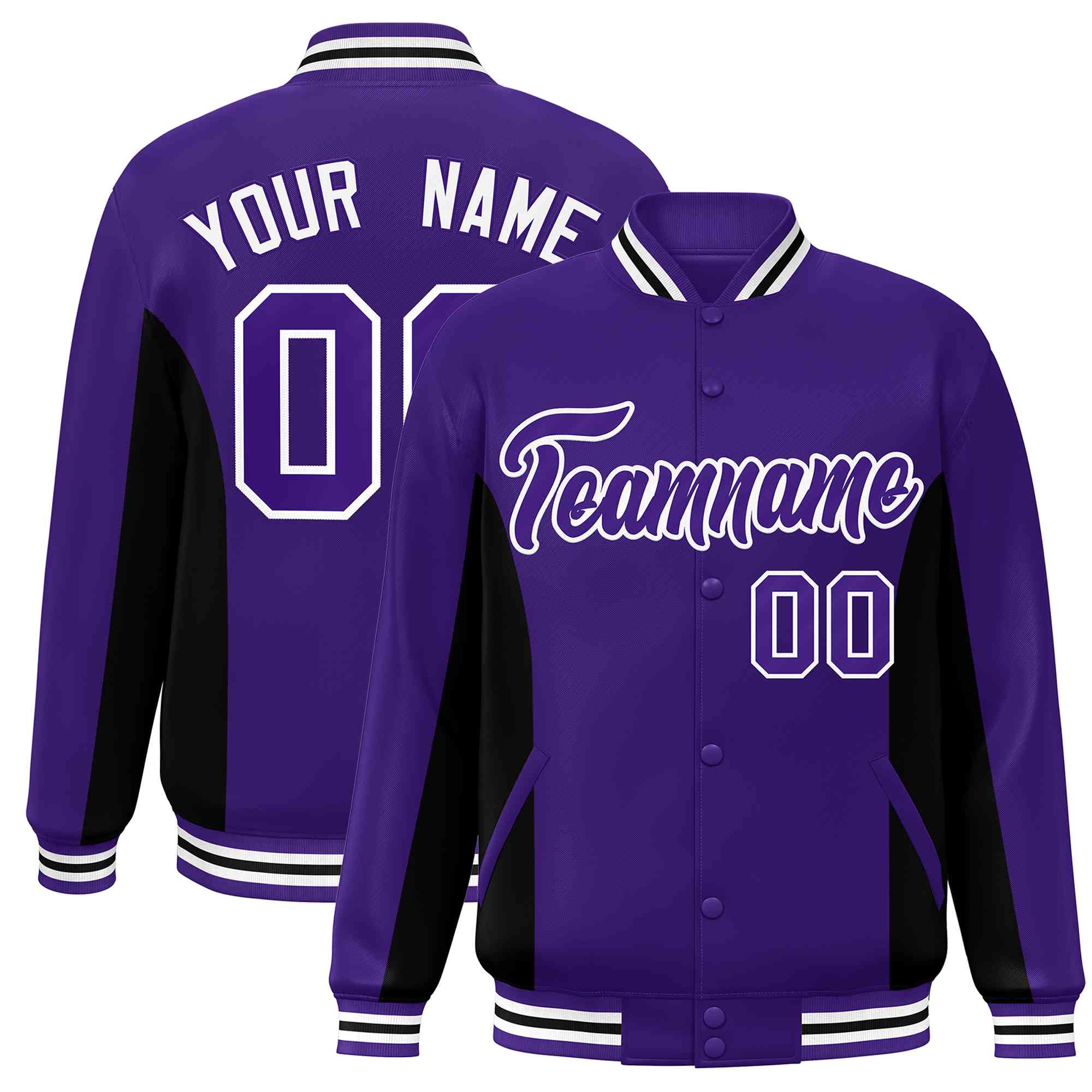 Custom Purple Black Varsity Full-Snap Color Block Letterman Baseball Jacket