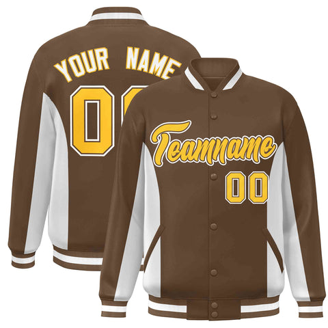 Custom Brown White-Gold Varsity Full-Snap Color Block Letterman Baseball Jacket