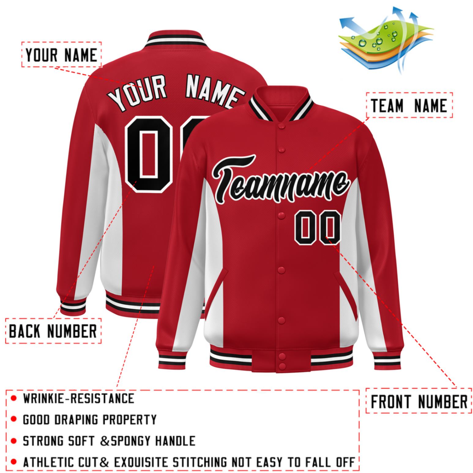 Custom Red White-Black Varsity Full-Snap Color Block Letterman Baseball Jacket