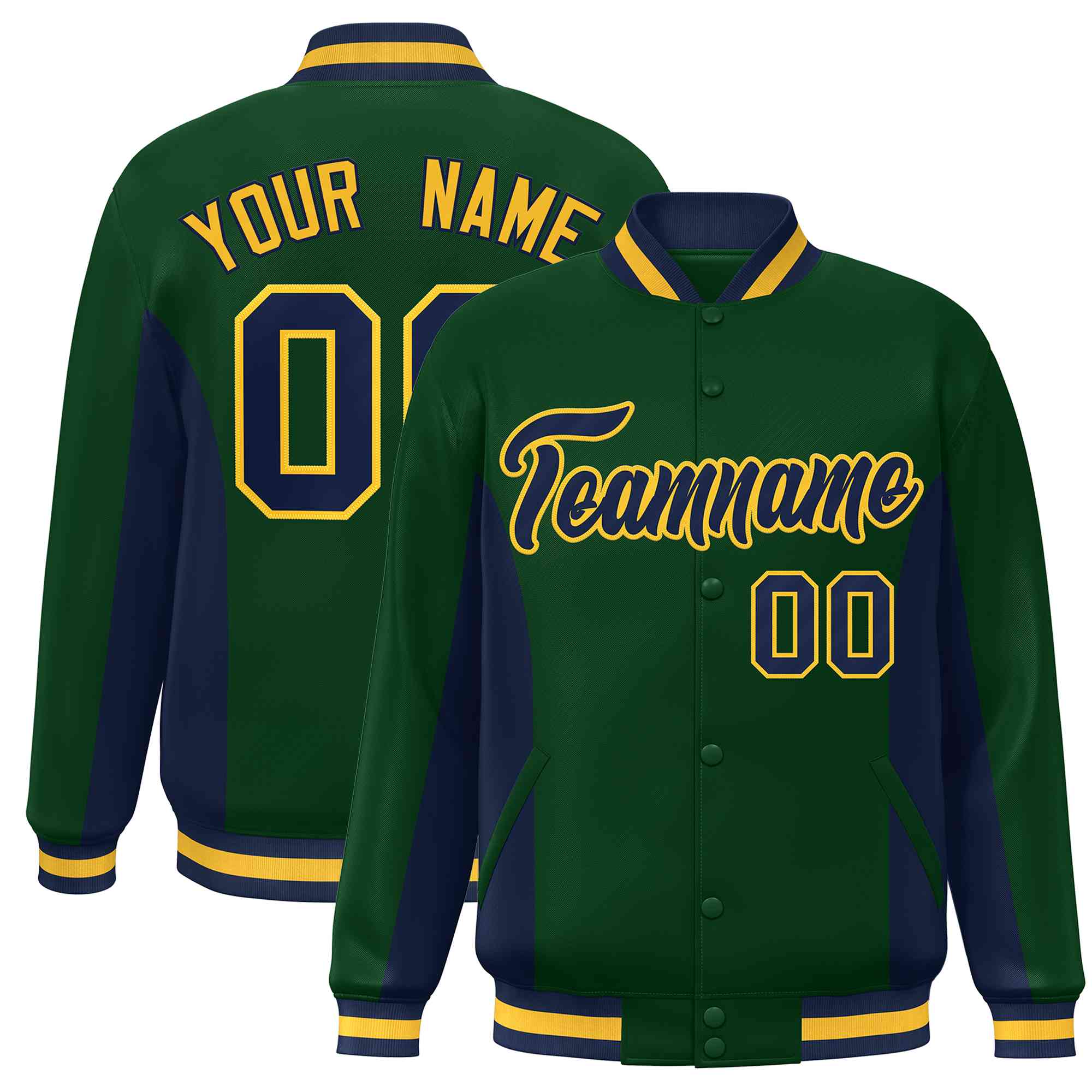 Custom Green Navy Varsity Full-Snap Color Block Letterman Baseball Jacket