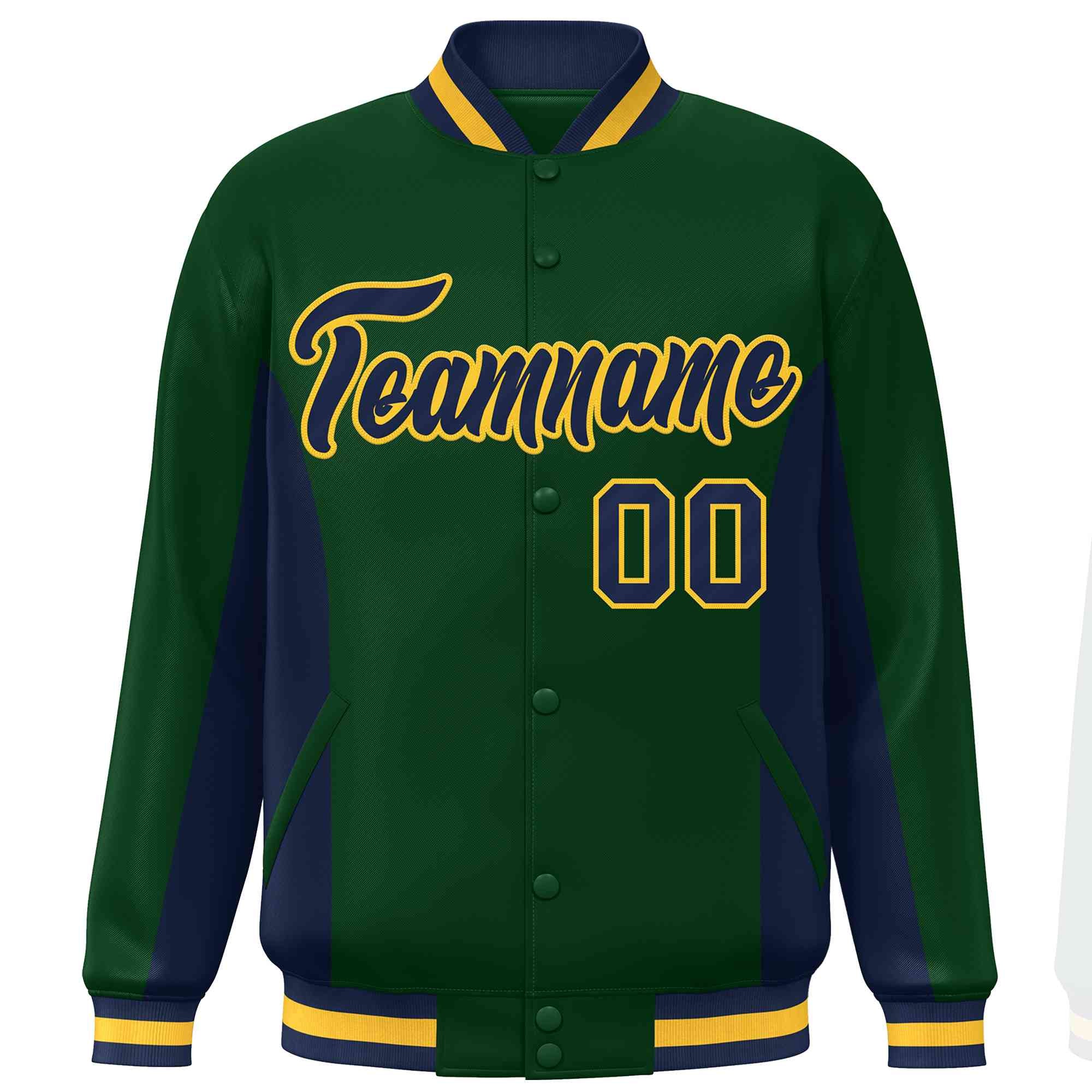 Custom Green Navy Varsity Full-Snap Color Block Letterman Baseball Jacket