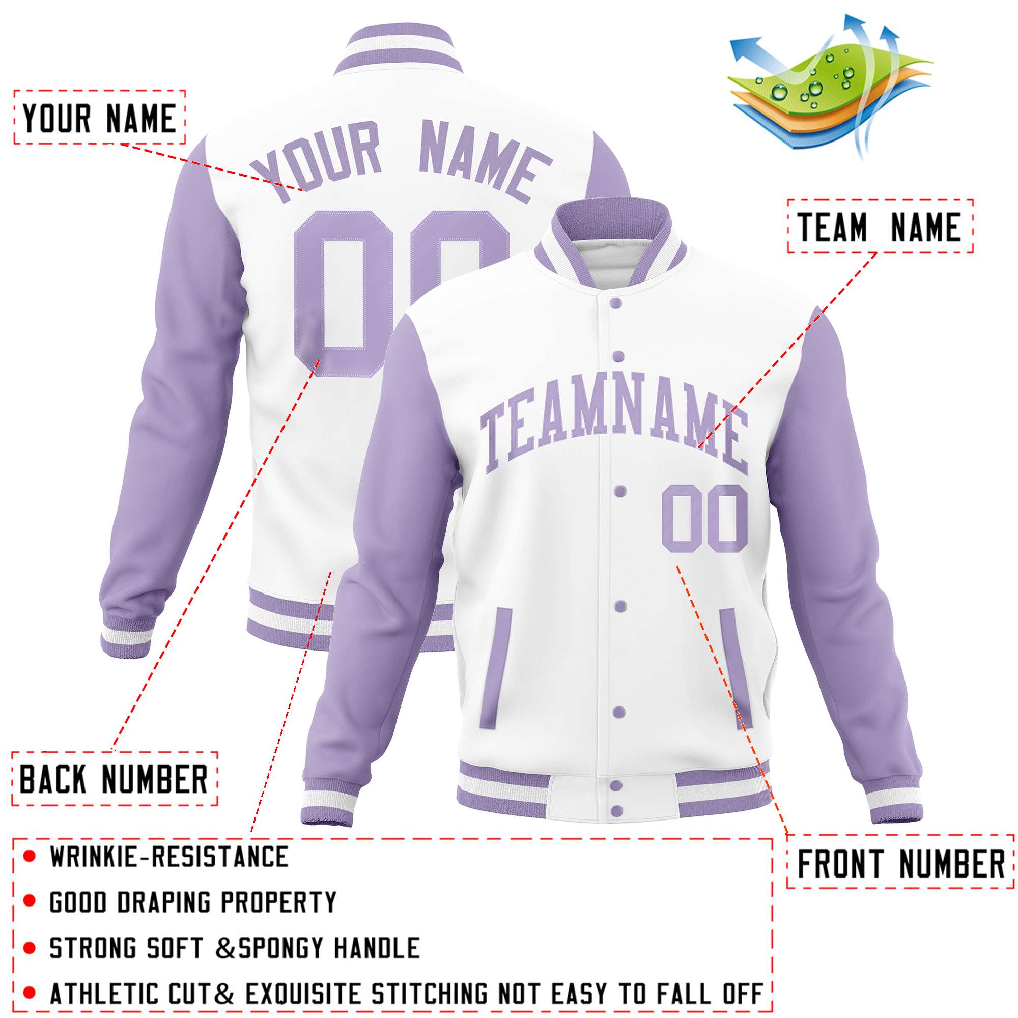 Custom White Light Purple Varsity Full-Snap Raglan Sleeves Letterman Baseball Jacket