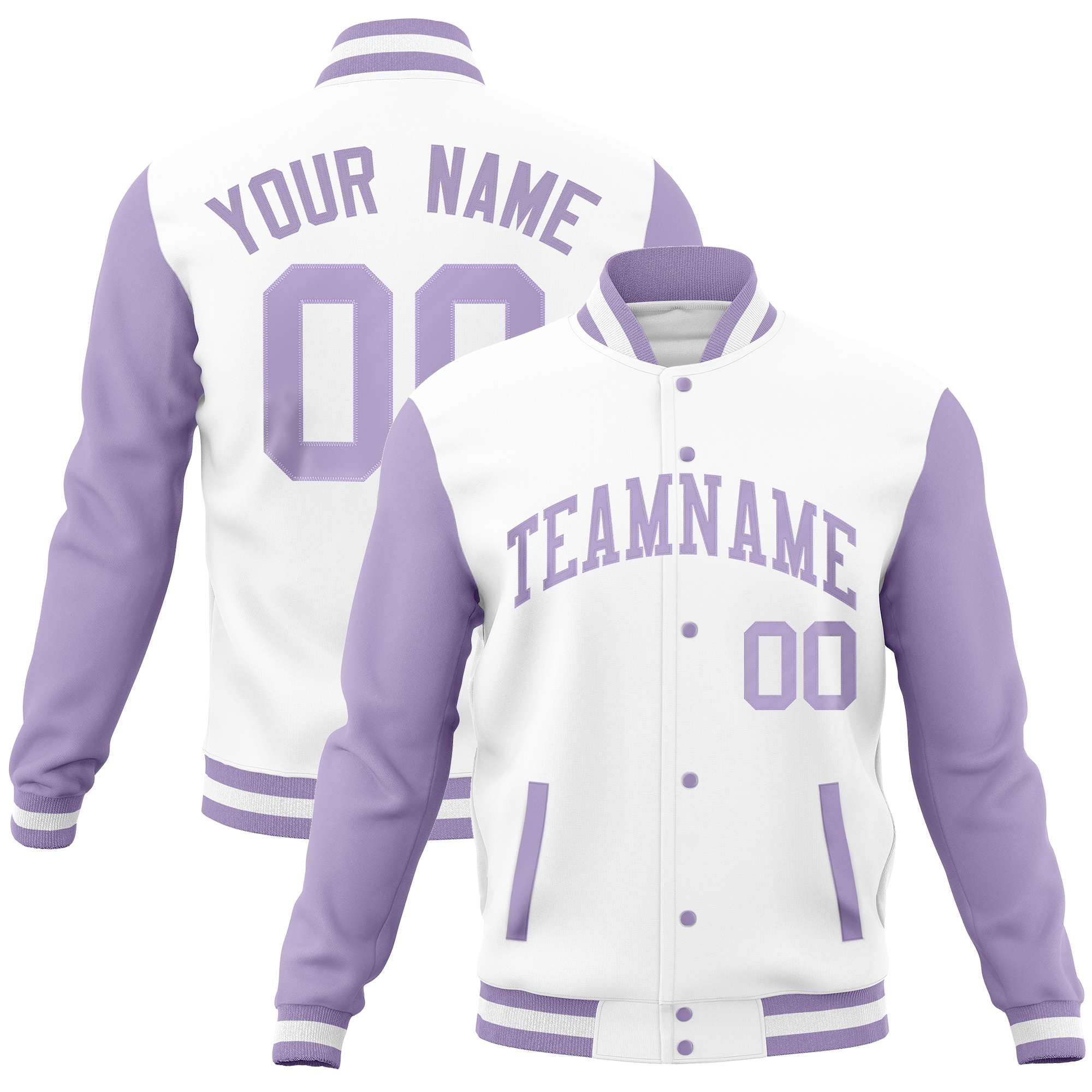 Custom White Light Purple Varsity Full-Snap Raglan Sleeves Letterman Baseball Jacket