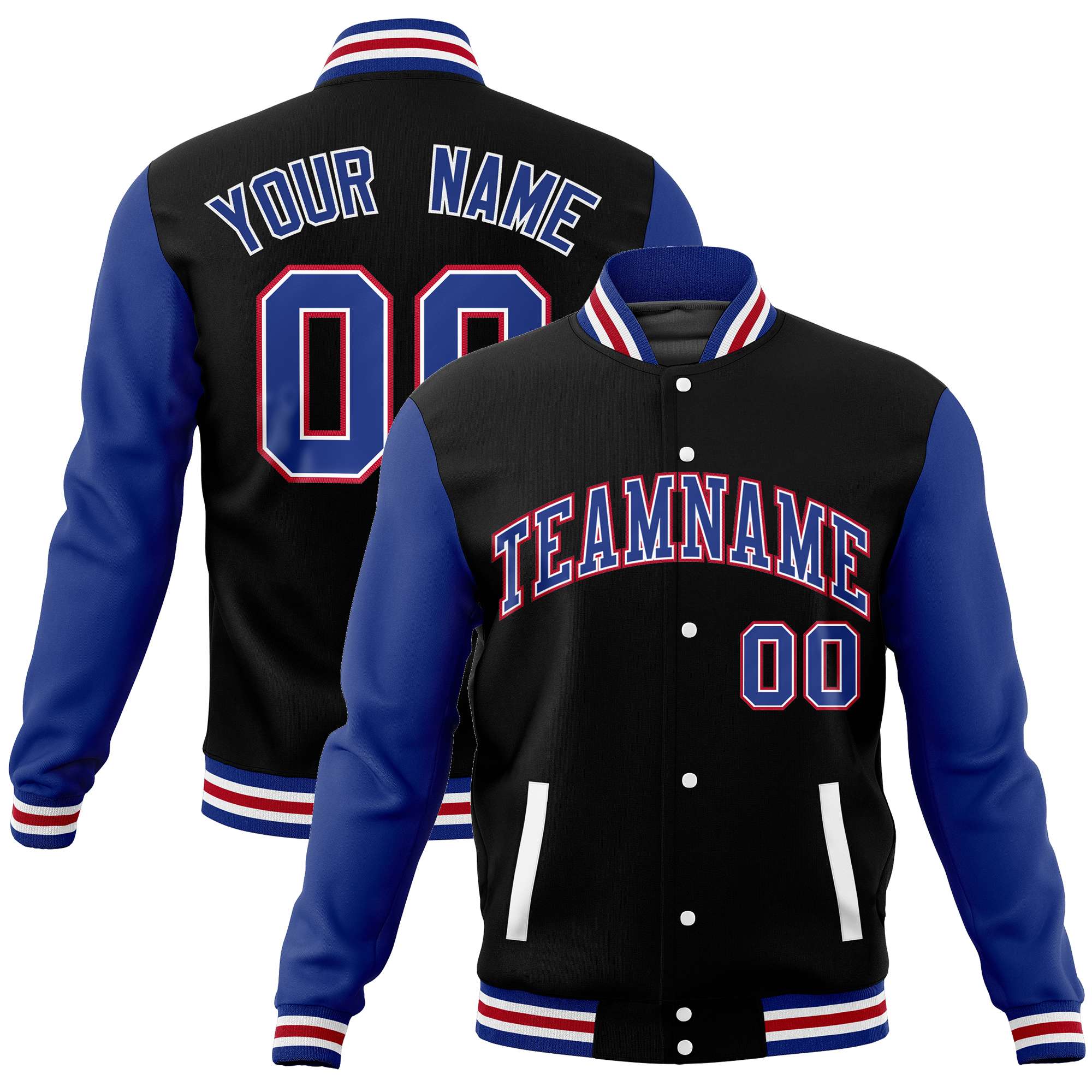 Custom Black Royal Varsity Full-Snap Raglan Sleeves Letterman Baseball Jacket