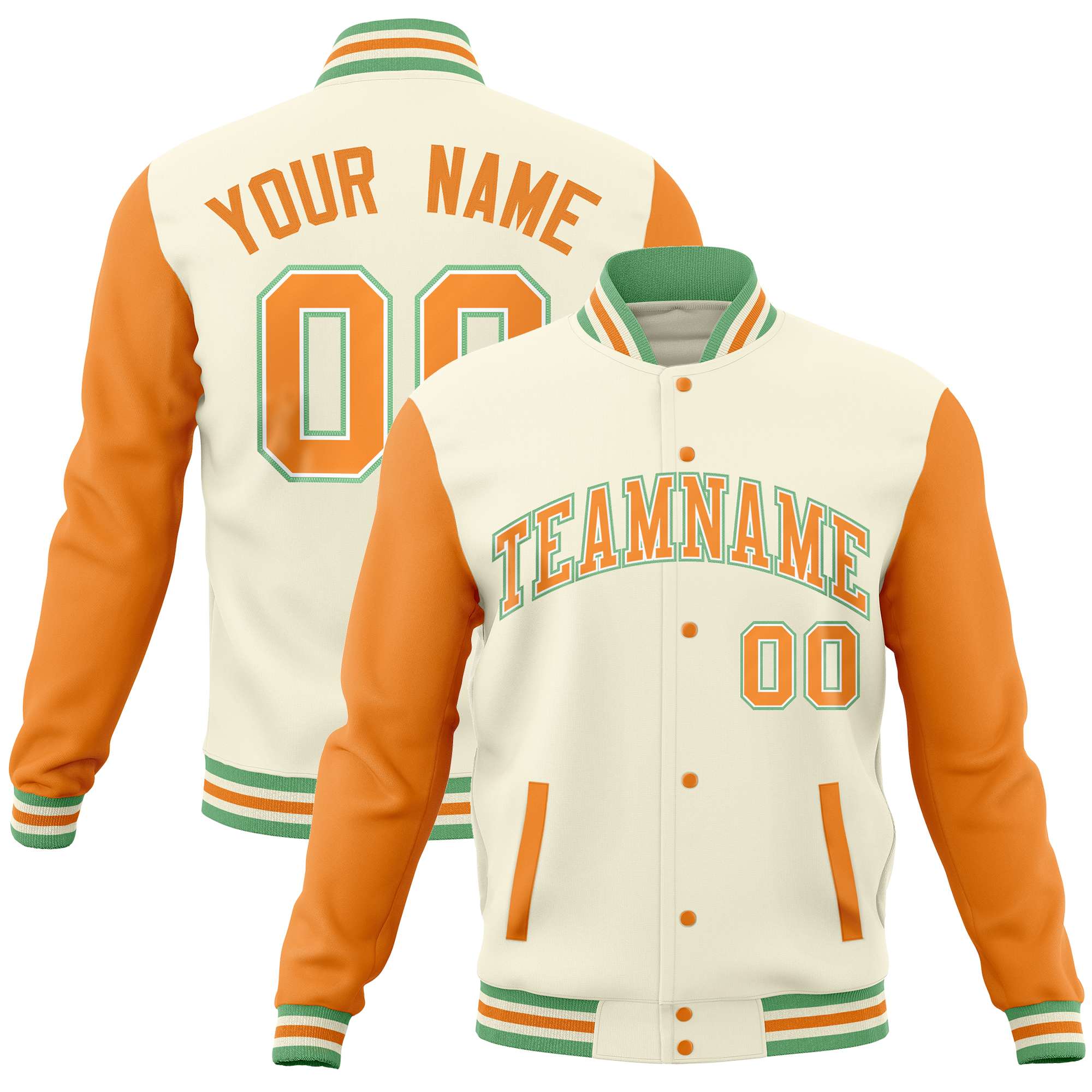 Custom Cream Orange Varsity Full-Snap Raglan Sleeves Letterman Baseball Jacket