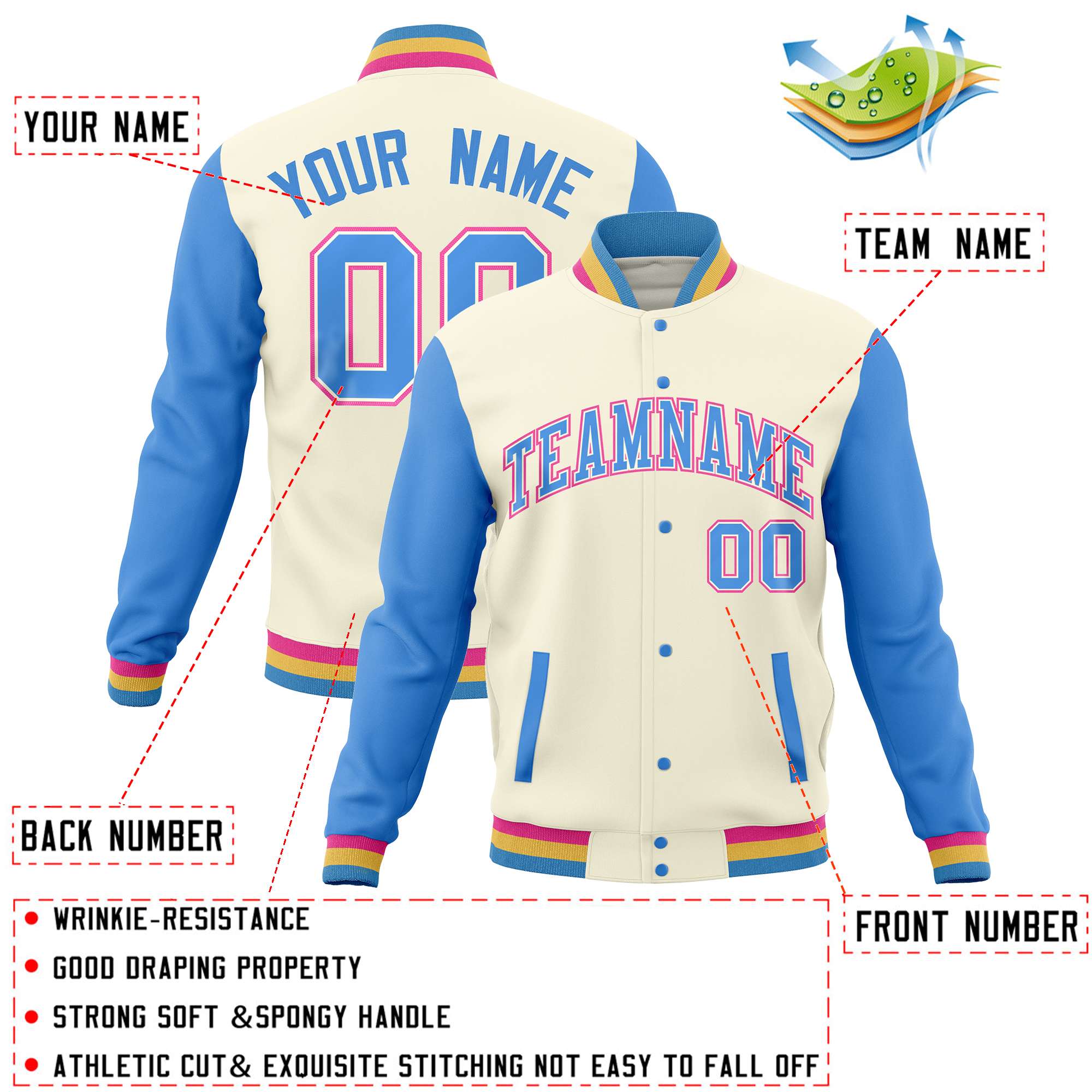 Custom Cream Powder Blue Varsity Full-Snap Raglan Sleeves Letterman Baseball Jacket