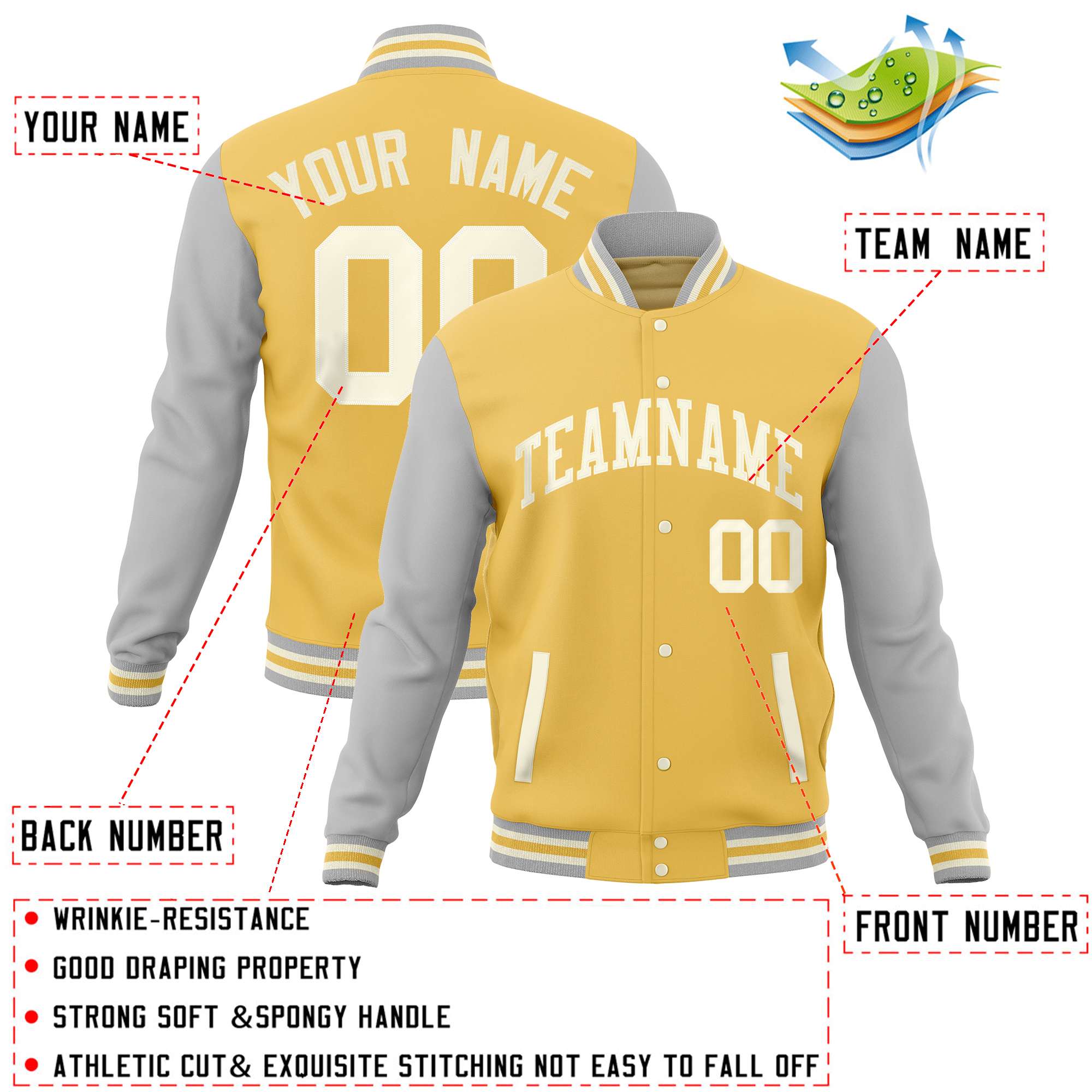 Custom Yellow Light Gray Varsity Full-Snap Raglan Sleeves Letterman Baseball Jacket