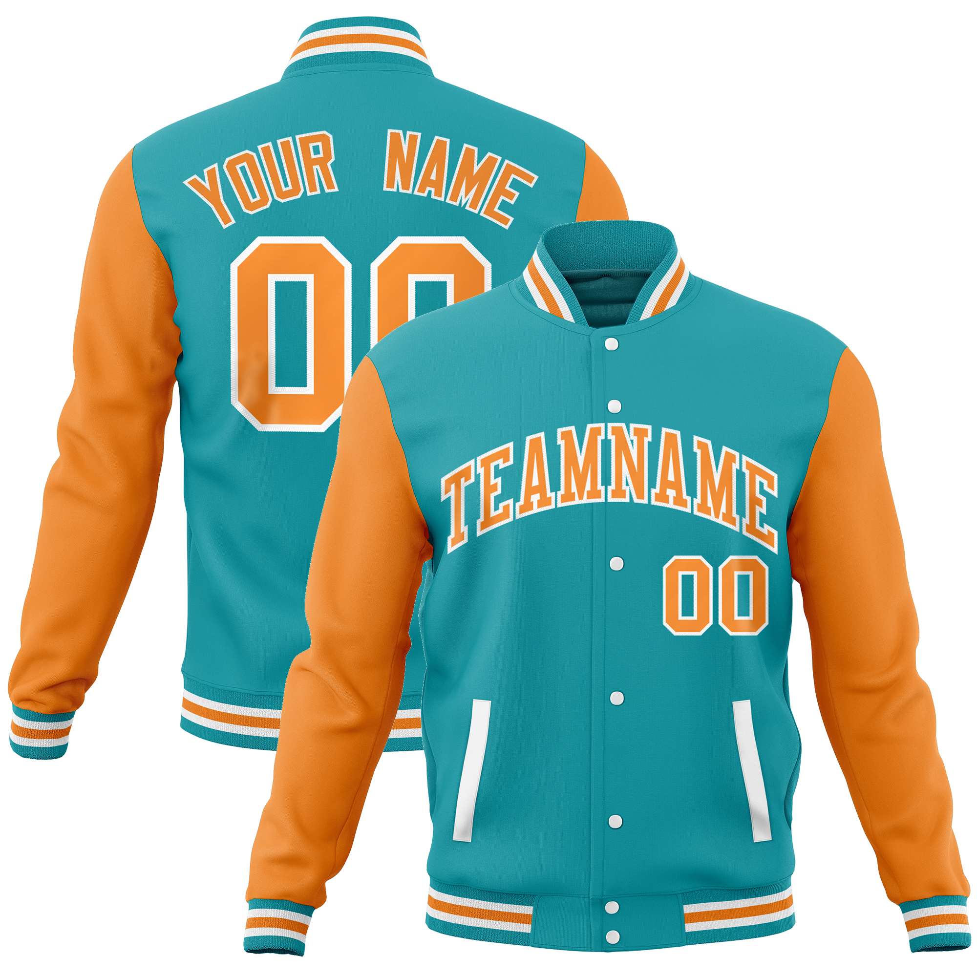 Custom Aqua Orange Varsity Full-Snap Raglan Sleeves Letterman Baseball Jacket