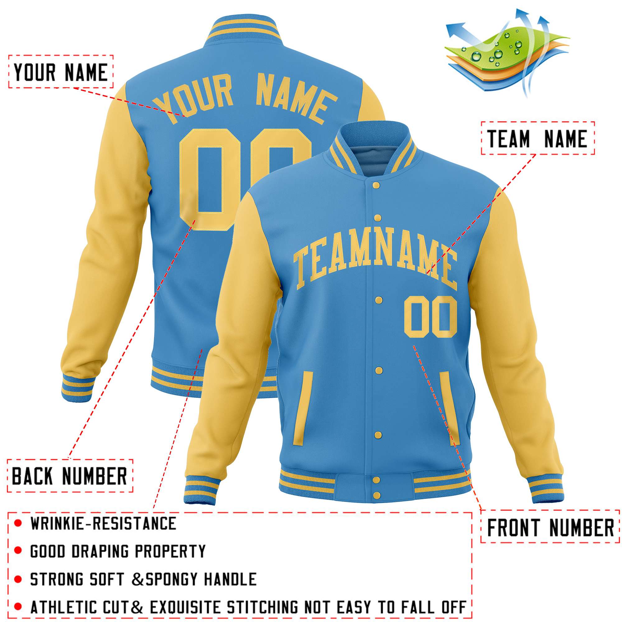 Custom Powder Blue Yellow Varsity Full-Snap Raglan Sleeves Letterman Baseball Jacket