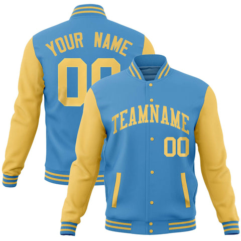 Custom Powder Blue Yellow Varsity Full-Snap Raglan Sleeves Letterman Baseball Jacket