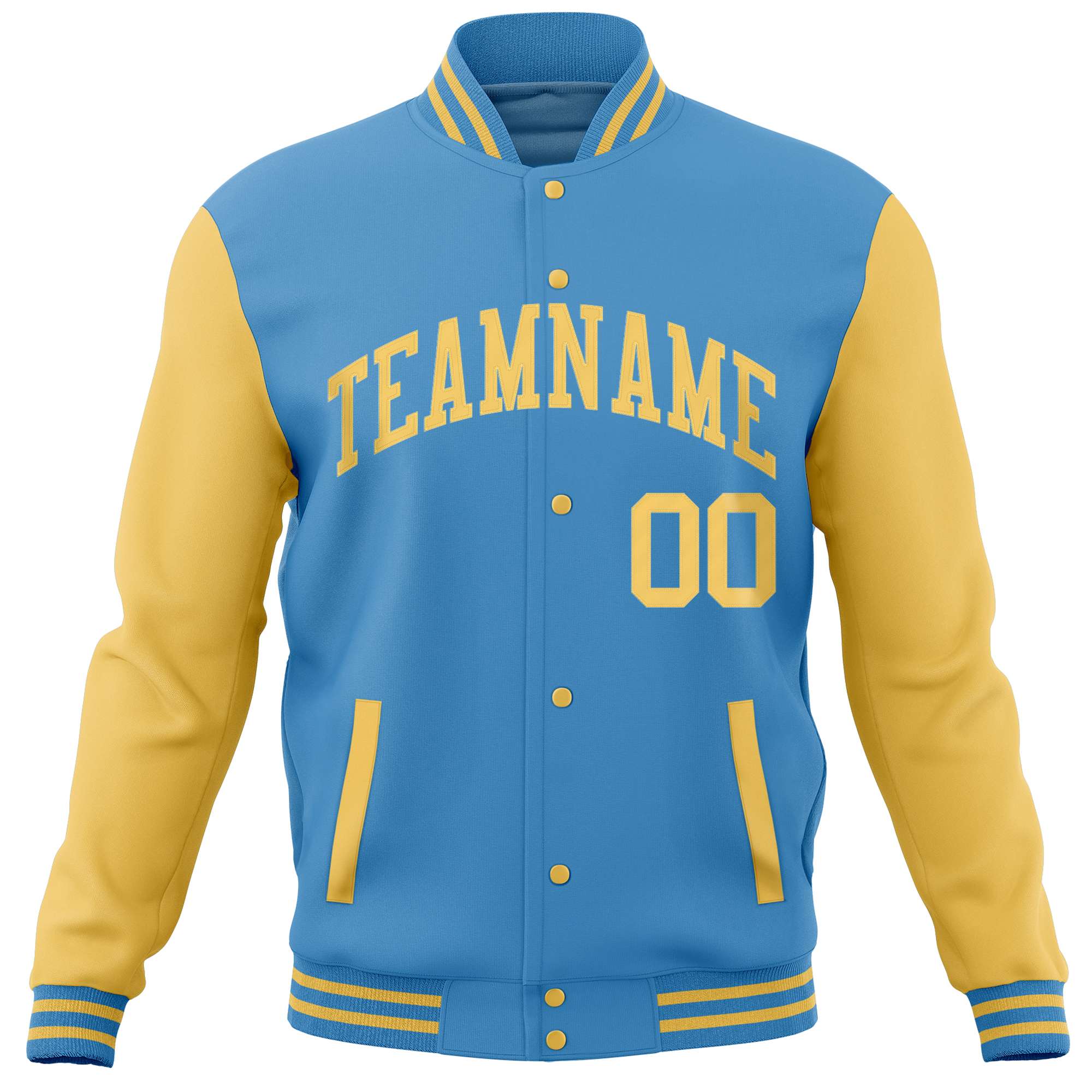 Custom Powder Blue Yellow Varsity Full-Snap Raglan Sleeves Letterman Baseball Jacket