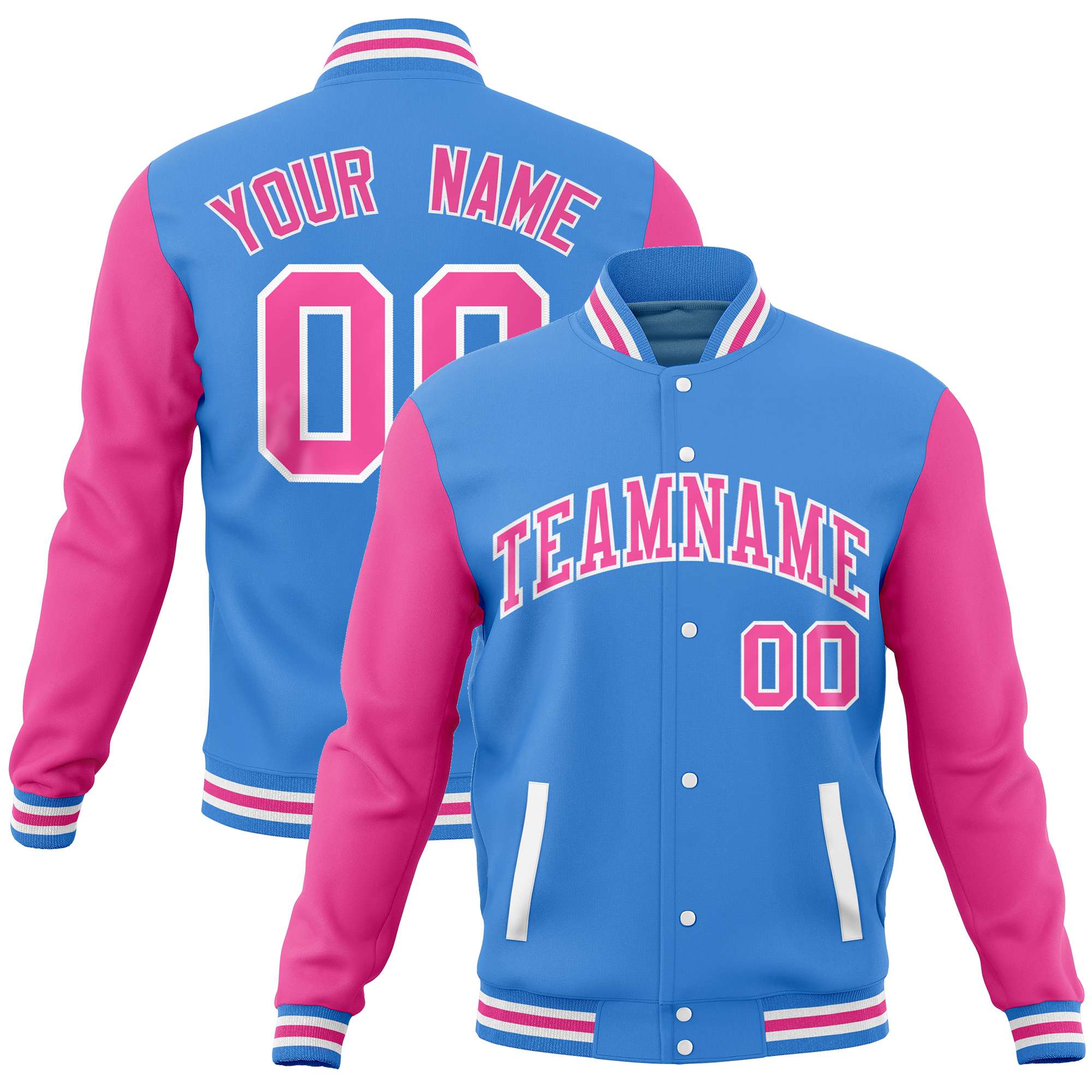 Custom Powder Blue Pink Varsity Full-Snap Raglan Sleeves Letterman Baseball Jacket