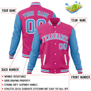 Custom Pink Powder Blue Varsity Full-Snap Raglan Sleeves Letterman Baseball Jacket