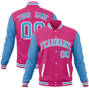 Custom Pink Powder Blue Varsity Full-Snap Raglan Sleeves Letterman Baseball Jacket