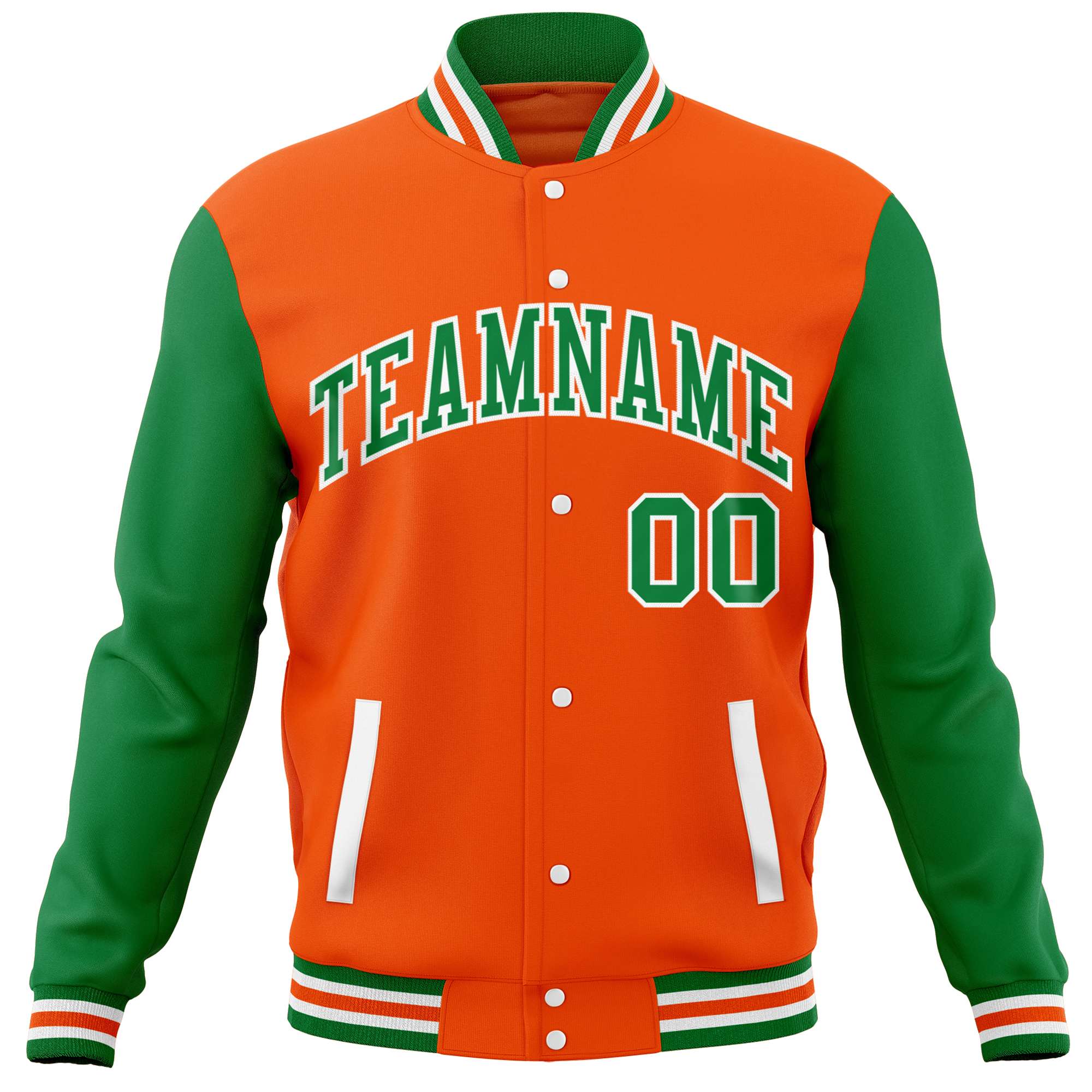 Custom Orange Kelly Green Varsity Full-Snap Raglan Sleeves Letterman Baseball Jacket