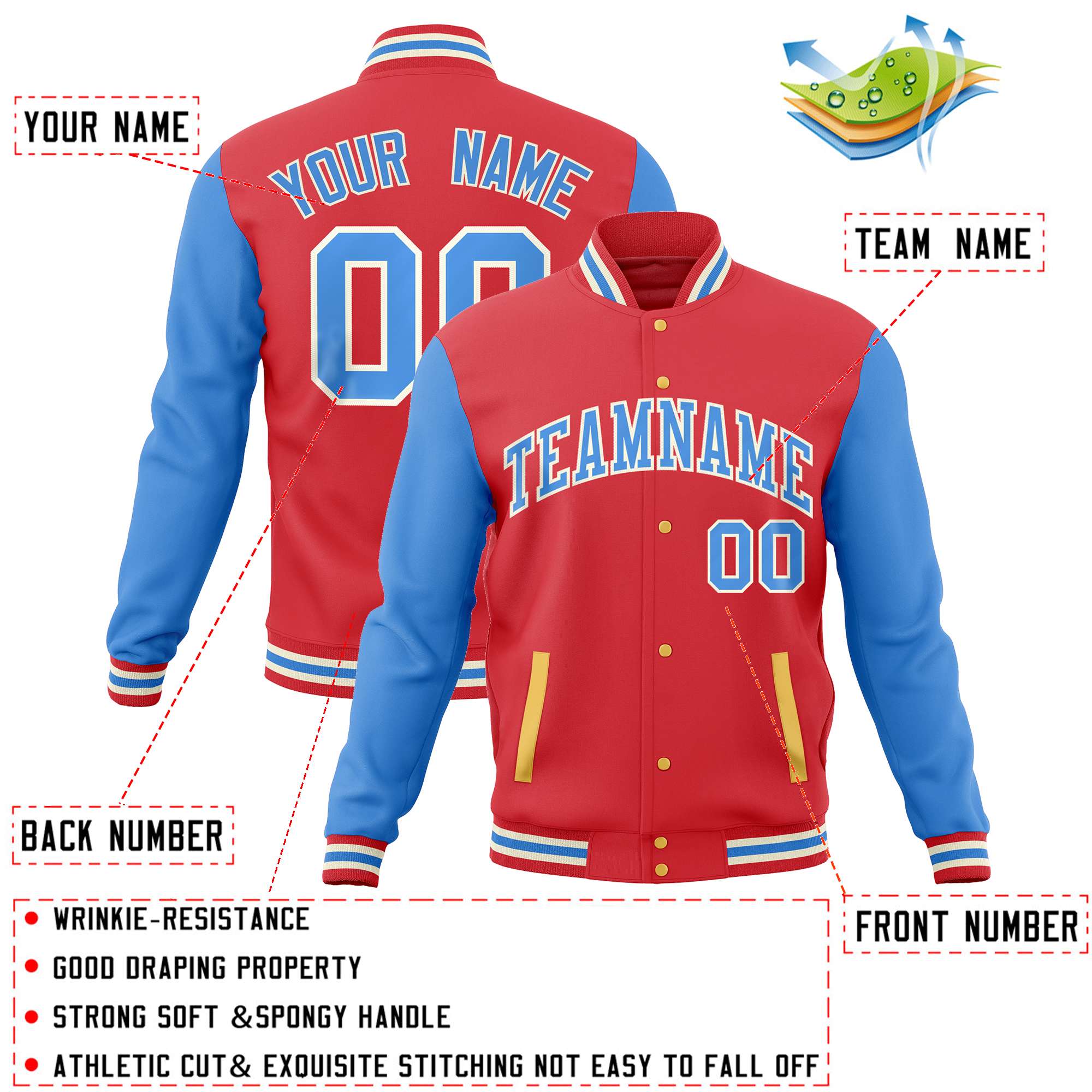 Custom Light Red Powder Blue Varsity Full-Snap Raglan Sleeves Letterman Baseball Jacket