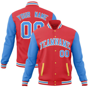 Custom Light Red Powder Blue Varsity Full-Snap Raglan Sleeves Letterman Baseball Jacket